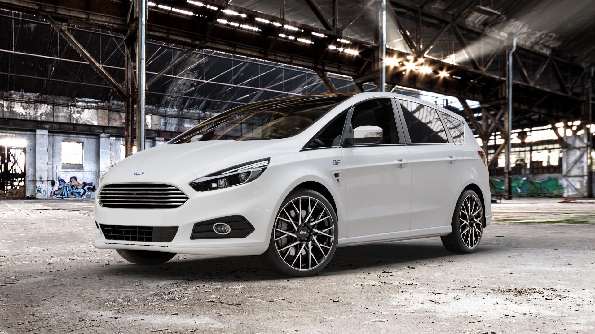 DOTZ FUJI BLACK/POLISHED Felge mit Reifen silber schwarz mehrfarbig in 20Zoll Winterfelge Alufelge auf weissem Ford S-Max Typ WA6 Facelift (15->) ⬇️ mit 15mm Tieferlegung ⬇️ Old Industrial Hall_max_5300mm_2024 Frontansicht_1