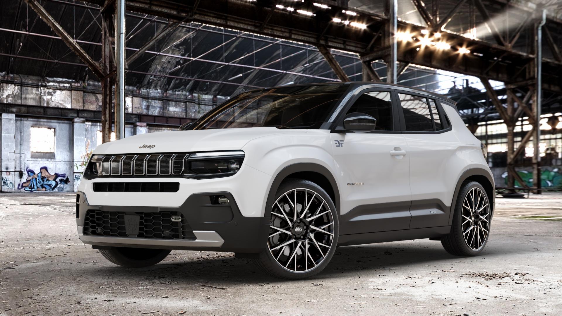 DOTZ FUJI BLACK/POLISHED Felge mit Reifen silber schwarz mehrfarbig in 20Zoll Winterfelge Alufelge auf weissem Jeep Avenger Typ FH1 ⬇️ mit 15mm Tieferlegung ⬇️ Old Industrial Hall_max_4400mm_2024 Frontansicht_1