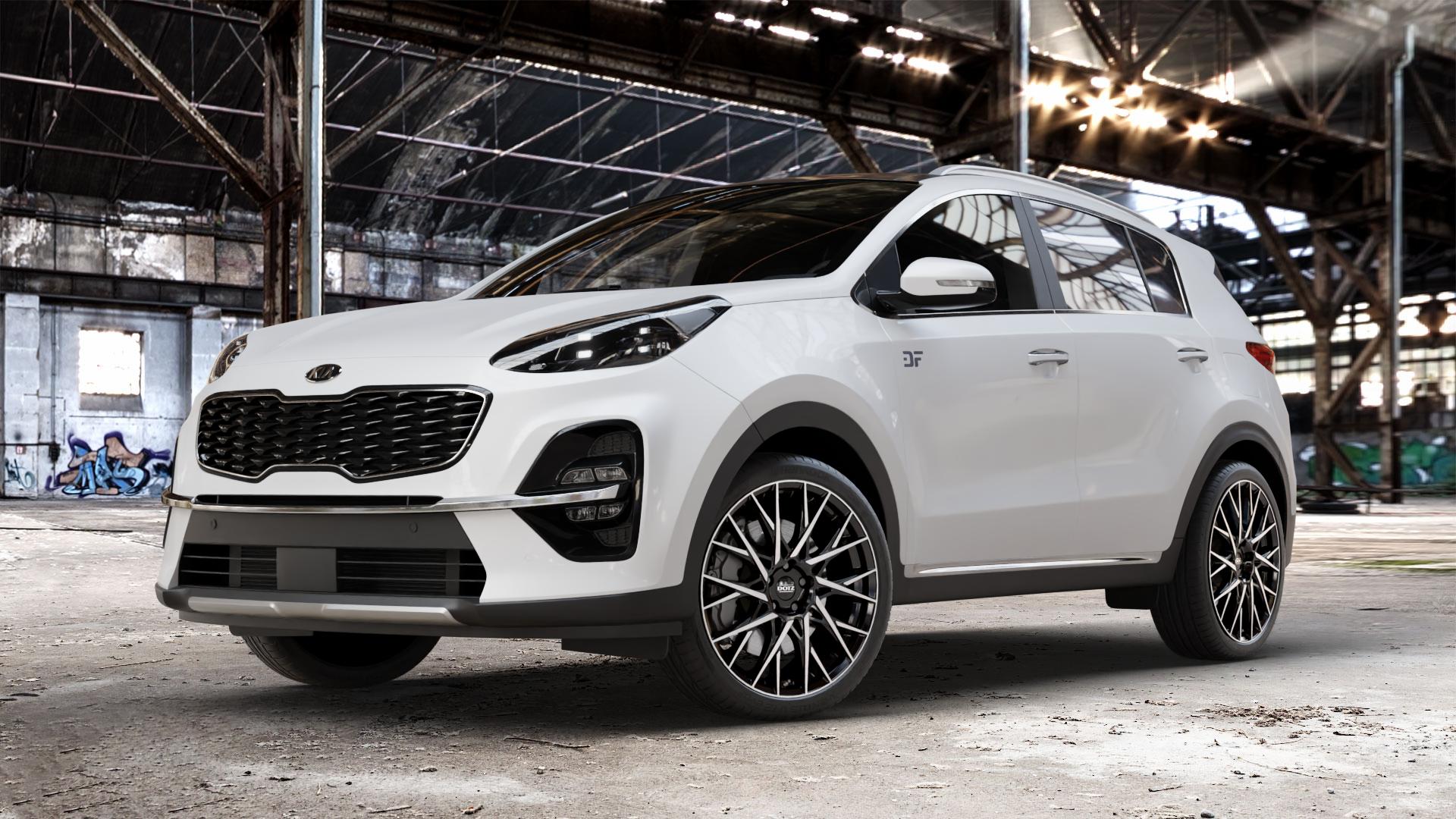 DOTZ FUJI BLACK/POLISHED Felge mit Reifen silber schwarz mehrfarbig in 20Zoll Winterfelge Alufelge auf weissem Kia Sportage IV Typ QLE Facelift QL ⬇️ mit 15mm Tieferlegung ⬇️ Old Industrial Hall_max_4400mm_2024 Frontansicht_1