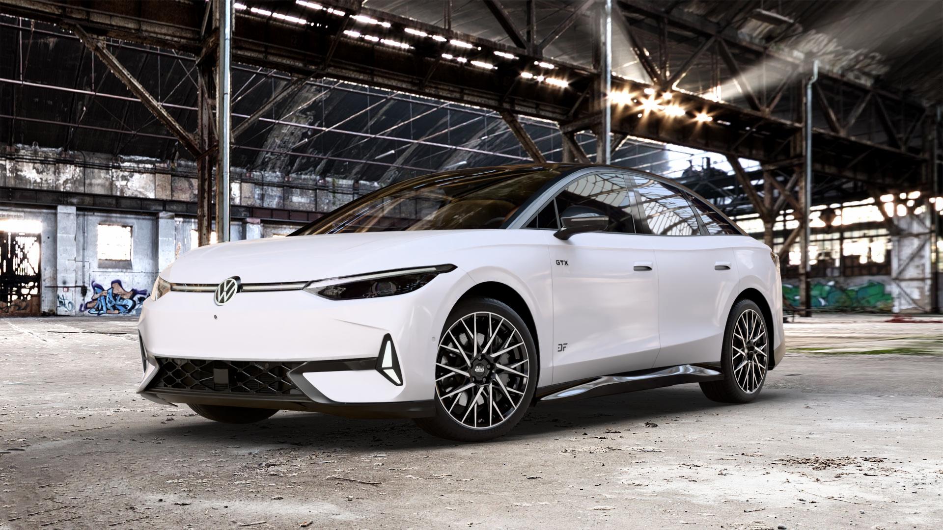 DOTZ FUJI BLACK/POLISHED Felge mit Reifen silber schwarz mehrfarbig in 20Zoll Winterfelge Alufelge auf weissem Volkswagen (VW) ID.7 0,0l 90kW GTX (122 PS) ⬇️ mit 15mm Tieferlegung ⬇️ Old Industrial Hall_max_5300mm_2024 Frontansicht_1