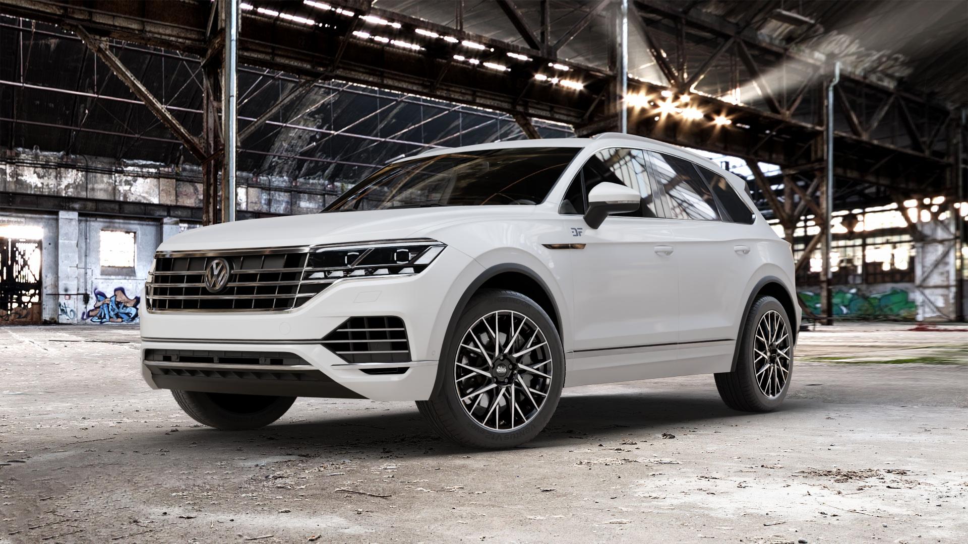 DOTZ FUJI BLACK/POLISHED Felge mit Reifen silber schwarz mehrfarbig in 20Zoll Winterfelge Alufelge auf weissem Volkswagen (VW) Touareg III Typ CR ⬇️ mit 15mm Tieferlegung ⬇️ Old Industrial Hall_max_5300mm_2024 Frontansicht_1