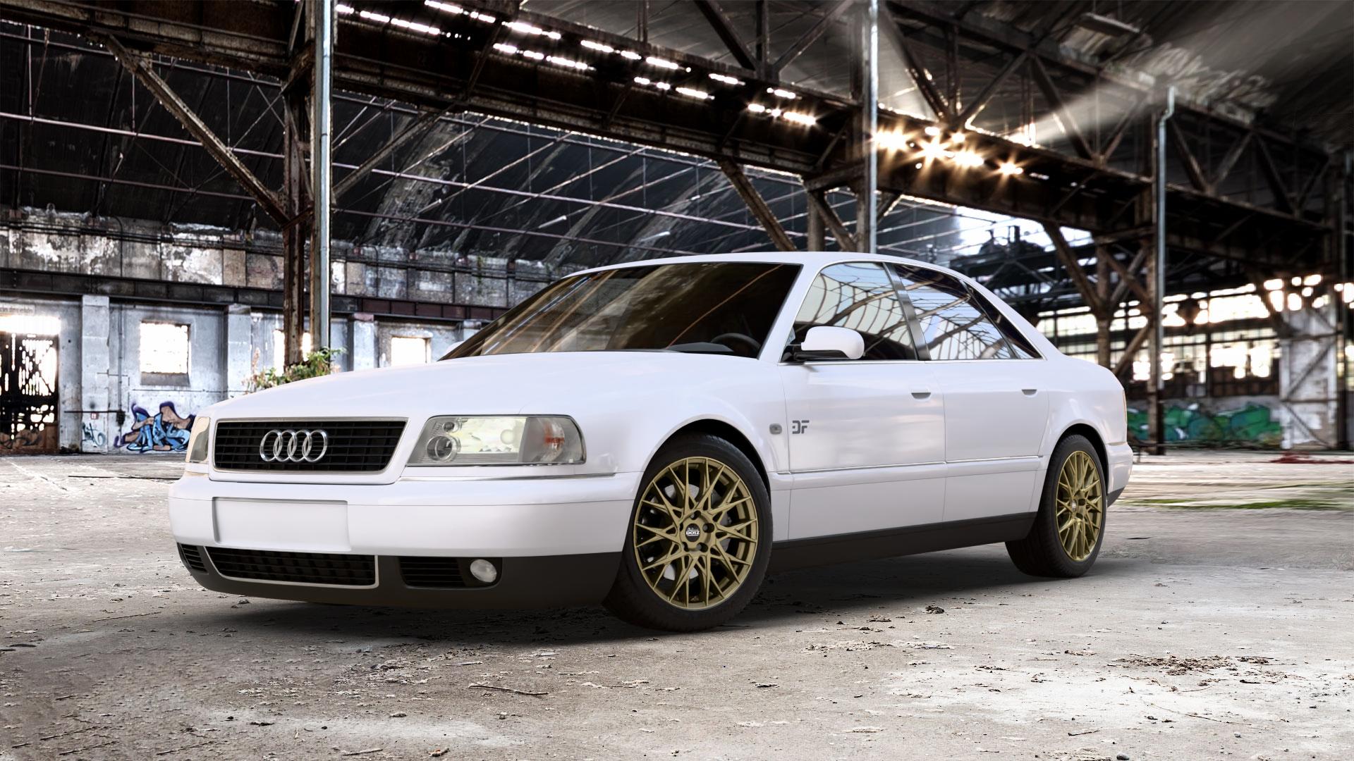 DOTZ FUJI GOLD Felge mit Reifen in 18Zoll Winterfelge Alufelge auf weissem Audi A8 Typ D2/4D 2,8l 128kW (174 PS) 142kW (193 2,5l TDI 110kW (150 132kW (179 quattro ⬇️ mit 15mm Tieferlegung ⬇️ Old Industrial Hall_max_5300mm_2024 Frontansicht_1