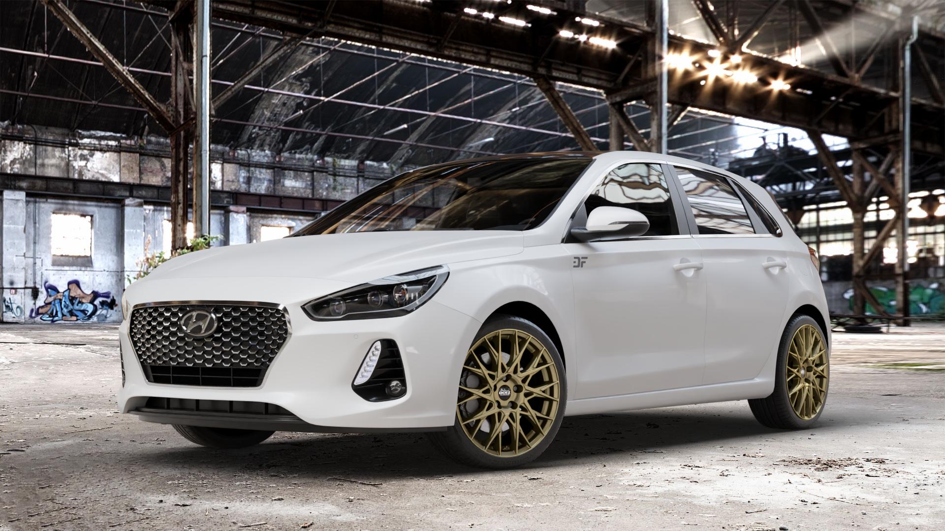 DOTZ FUJI GOLD Felge mit Reifen in 18Zoll Winterfelge Alufelge auf weissem Hyundai i30 Typ PDE 1,0l T-GDI 88kW (120 PS) 1,4l MPI 73kW (99 103kW (140 1,6l CRDi 70kW (95 81kW (110 100kW (136 85kW (116 ⬇️ mit 15mm Tieferlegung ⬇️ Old Industrial Hall_max_4400mm_2024 Frontansicht_1