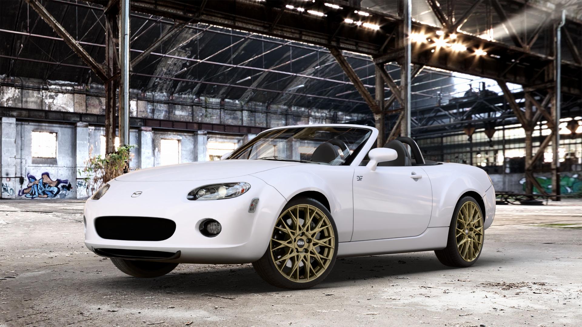 DOTZ FUJI GOLD Felge mit Reifen in 18Zoll Winterfelge Alufelge auf weissem Mazda MX-5 III (NC) ⬇️ mit 15mm Tieferlegung ⬇️ Old Industrial Hall_max_4400mm_2024 Frontansicht_1