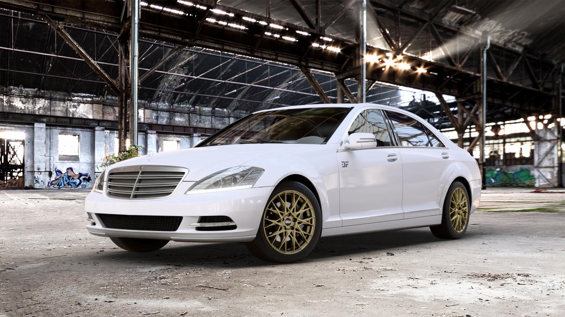 DOTZ FUJI GOLD Felge mit Reifen in 18Zoll Winterfelge Alufelge auf weissem Mercedes S-Klasse Typ W221 3,5l S 350 200kW (272 PS) 5,5l 500 285kW (387 4,7l 450 250kW (340 3,0l 320 CDI 173kW (235 4,0l 420 235kW (320 6,2l 63 AMG 386kW (525 4 ⬇️ mit 15mm Tieferlegung ⬇️ Old Industrial Hall_max_5300mm_2024 Frontansicht_1