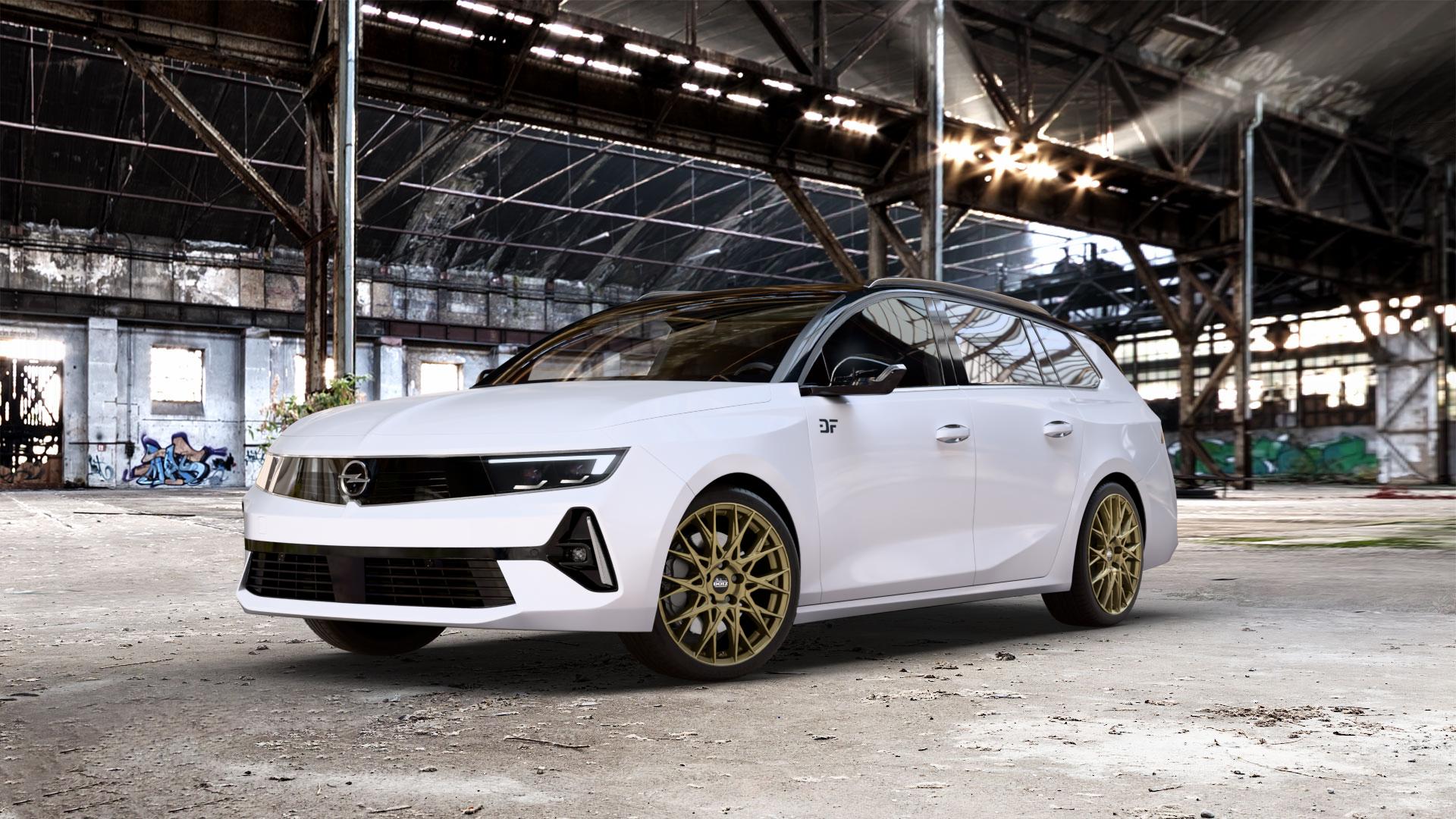 DOTZ FUJI GOLD Felge mit Reifen in 18Zoll Winterfelge Alufelge auf weissem Opel Astra L Sports Tourer Typ F Facelift ⬇️ mit 15mm Tieferlegung ⬇️ Old Industrial Hall_max_5300mm_2024 Frontansicht_1