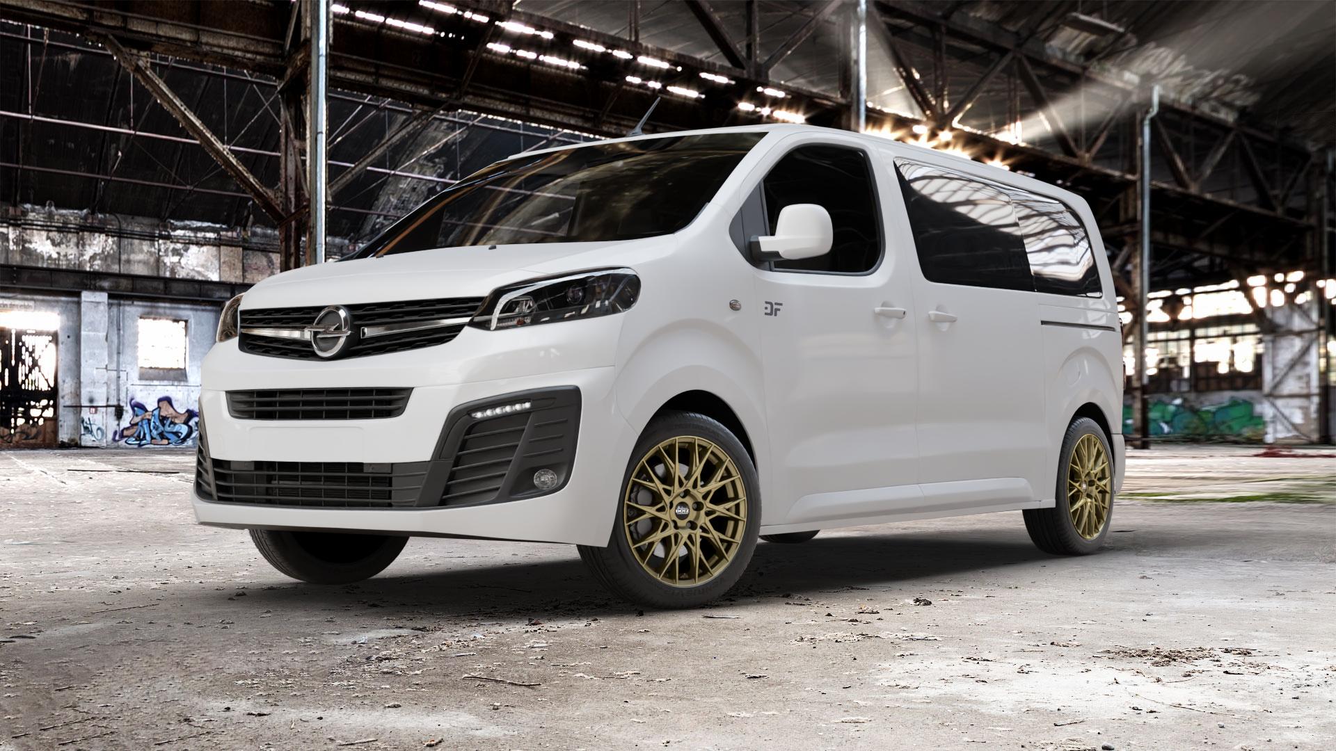 DOTZ FUJI GOLD Felge mit Reifen in 18Zoll Winterfelge Alufelge auf weissem Opel Zafira Life Typ V ⬇️ mit 15mm Tieferlegung ⬇️ Old Industrial Hall_max_5300mm_2024 Frontansicht_1