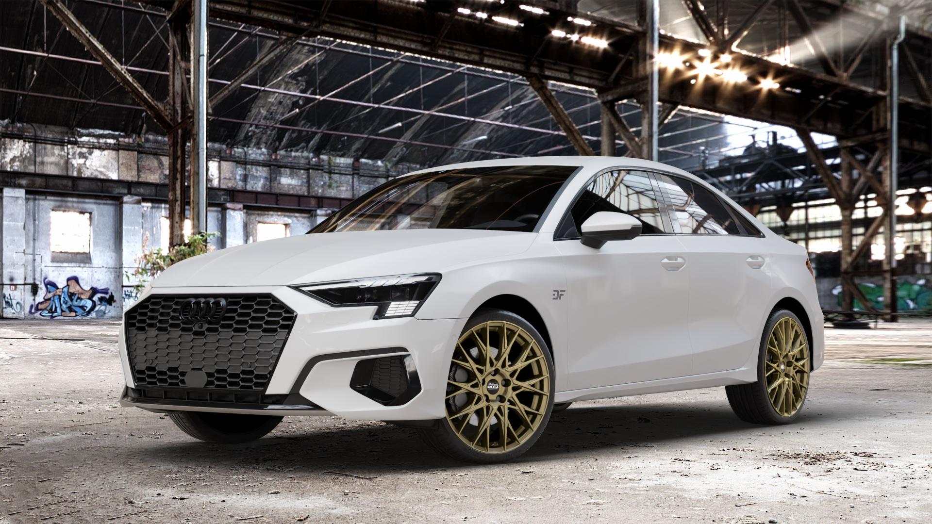 DOTZ FUJI GOLD Felge mit Reifen in 19Zoll Winterfelge Alufelge auf weissem Audi A3 Typ GY (Limousine) 1,5l 35 TFSI 110kW Mild-Hybrid (150 PS) 2,0l TDI 30 85kW (116 1,0l 81kW (110 40 quattro 147kW (200 140kW (190 ⬇️ mit 15mm Tieferlegung ⬇️ Old Industrial Hall_max_4400mm_2024 Frontansicht_1