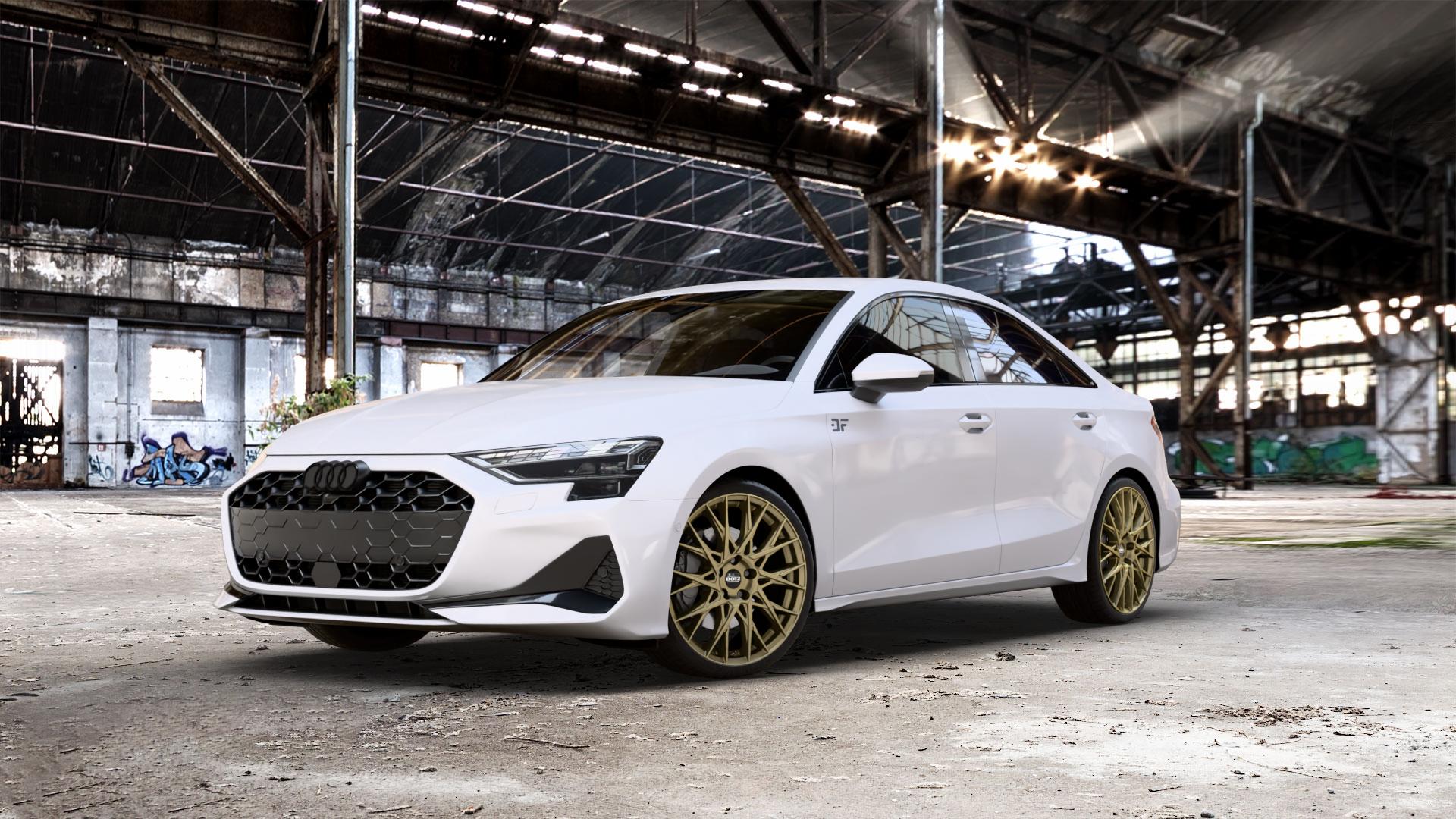 DOTZ FUJI GOLD Felge mit Reifen in 19Zoll Winterfelge Alufelge auf weissem Audi A3 Typ GY (Limousine) Facelift 1,5l 30 TFSI 85kW (116 PS) Mild-Hybrid 35 110kW (150 2,0l TDI ⬇️ mit 15mm Tieferlegung ⬇️ Old Industrial Hall_max_5300mm_2024 Frontansicht_1