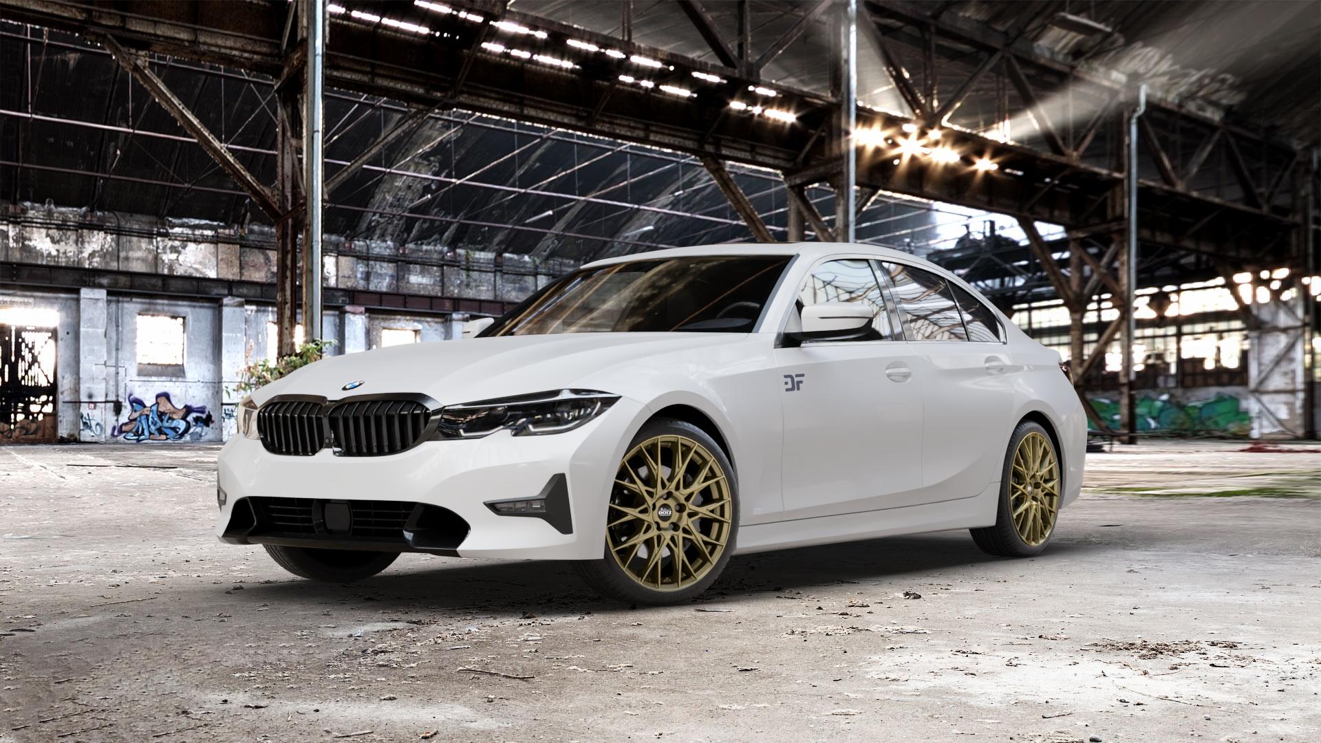 DOTZ FUJI GOLD Felge mit Reifen in 19Zoll Winterfelge Alufelge auf weissem BMW 3er G20 Limousine (G3L) ⬇️ mit 15mm Tieferlegung ⬇️ Old Industrial Hall_max_5300mm_2024 Frontansicht_1