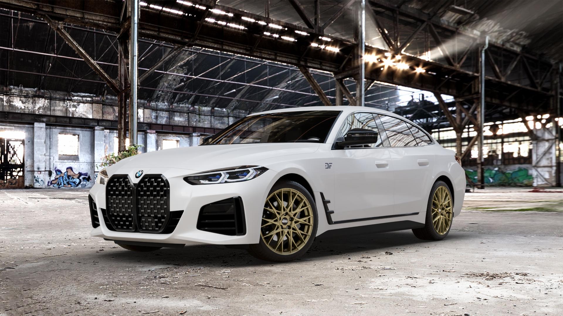 DOTZ FUJI GOLD Felge mit Reifen in 19Zoll Winterfelge Alufelge auf weissem BMW 4er G26 Gran Coupe (G4C) ⬇️ mit 15mm Tieferlegung ⬇️ Old Industrial Hall_max_5300mm_2024 Frontansicht_1