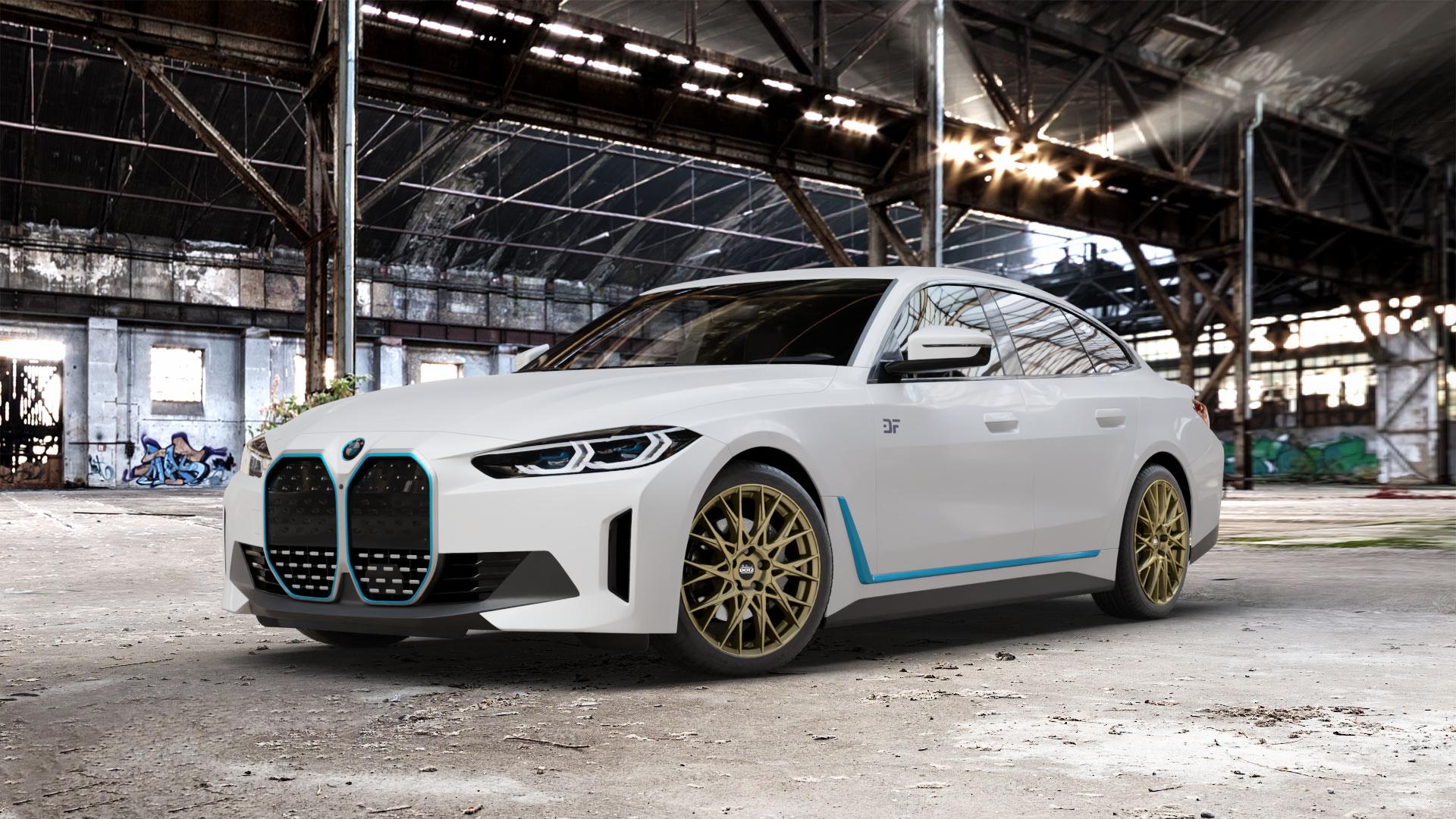 DOTZ FUJI GOLD Felge mit Reifen in 19Zoll Winterfelge Alufelge auf weissem BMW i4 (G4C) ⬇️ mit 15mm Tieferlegung ⬇️ Old Industrial Hall_max_5300mm_2024 Frontansicht_1