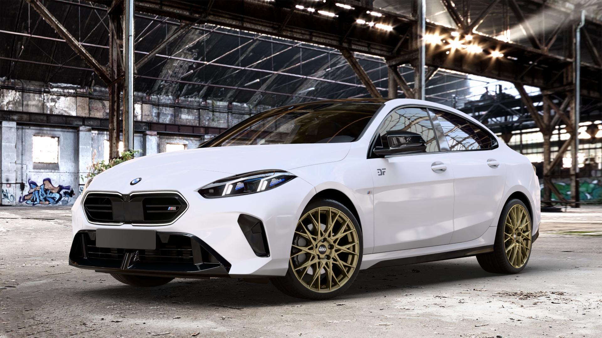 DOTZ FUJI GOLD Felge mit Reifen in 19Zoll Winterfelge Alufelge auf weissem BMW M235 xDrive Typ F74 (Gran Coupe) 2,0l 221kW (300 PS) 2er Gran Coupe (F7) ⬇️ mit 15mm Tieferlegung ⬇️ Old Industrial Hall_max_4400mm_2024 Frontansicht_1