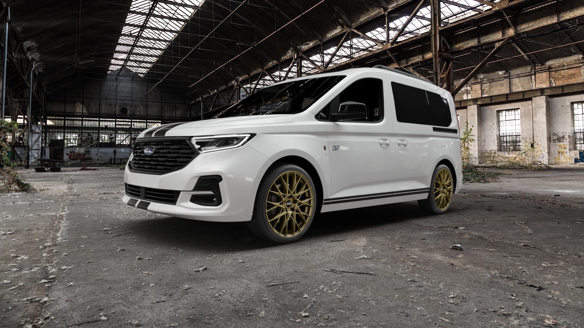 DOTZ FUJI GOLD Felge mit Reifen in 19Zoll Winterfelge Alufelge auf weissem Ford Tourneo Connect Typ SK SKN ⬇️ mit 15mm Tieferlegung ⬇️ Old Industrial Hall_max5000mm_2022 Frontansicht_1