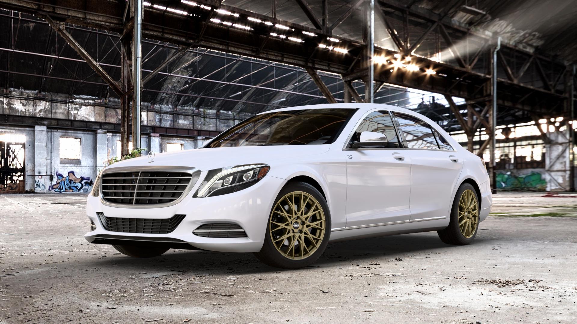 DOTZ FUJI GOLD Felge mit Reifen in 19Zoll Winterfelge Alufelge auf weissem Mercedes S-Klasse Typ W222 Facelift ⬇️ mit 15mm Tieferlegung ⬇️ Old Industrial Hall_max_5300mm_2024 Frontansicht_1