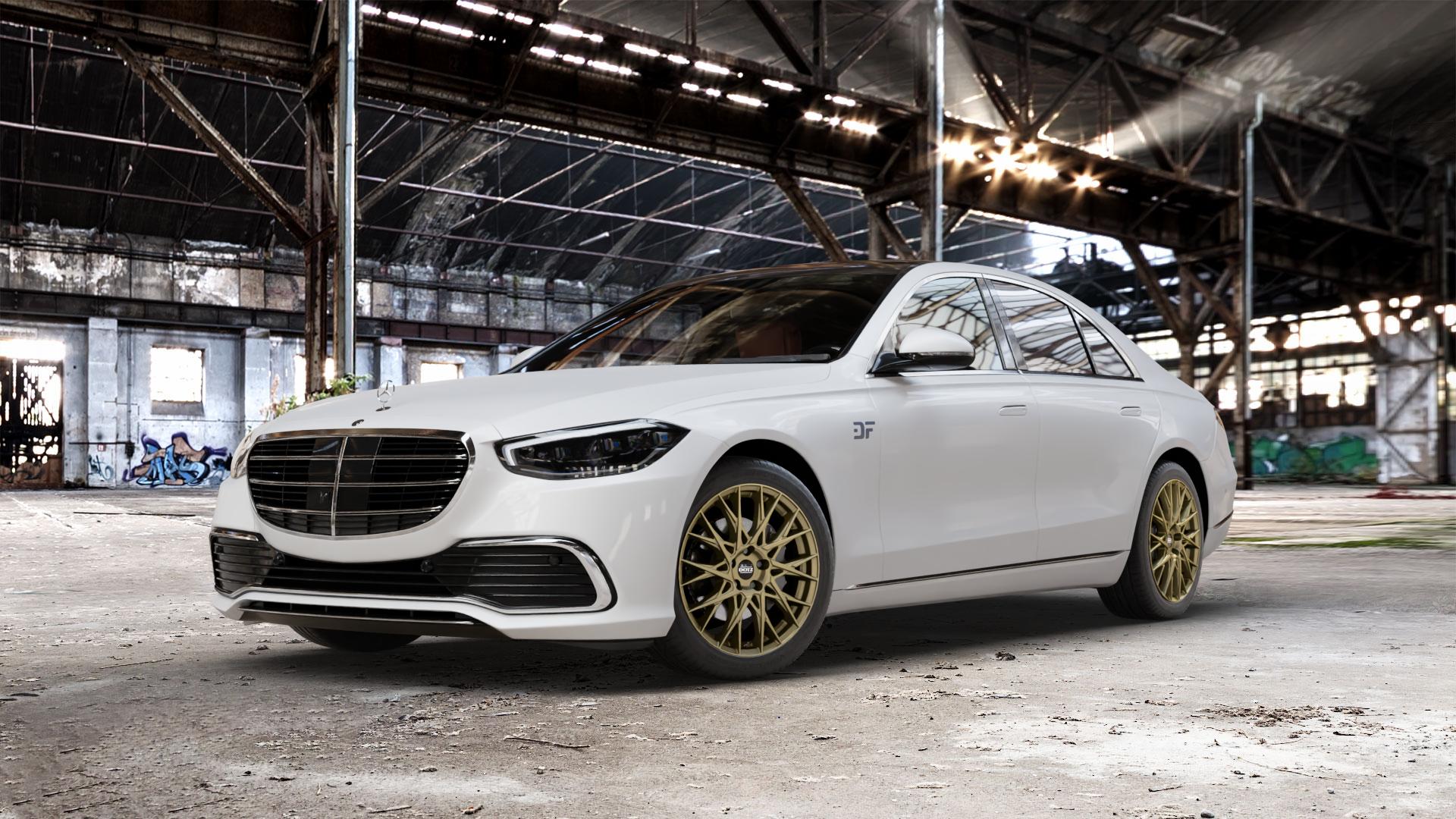 DOTZ FUJI GOLD Felge mit Reifen in 19Zoll Winterfelge Alufelge auf weissem Mercedes S-Klasse Typ W223 (R2S) ⬇️ mit 15mm Tieferlegung ⬇️ Old Industrial Hall_max_5300mm_2024 Frontansicht_1