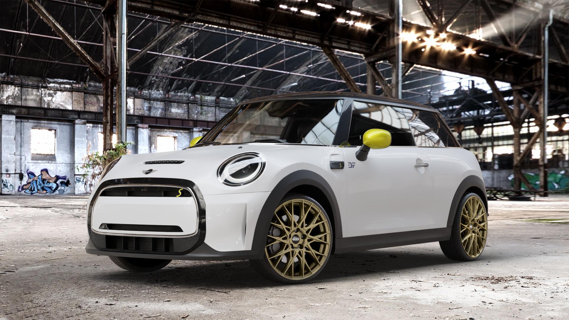 DOTZ FUJI GOLD Felge mit Reifen in 19Zoll Winterfelge Alufelge auf weissem Mini F56 Typ FML2E (3-Türer Limousine) Facelift 21-> Limousine ⬇️ mit 15mm Tieferlegung ⬇️ Old Industrial Hall_max_4400mm_2024 Frontansicht_1
