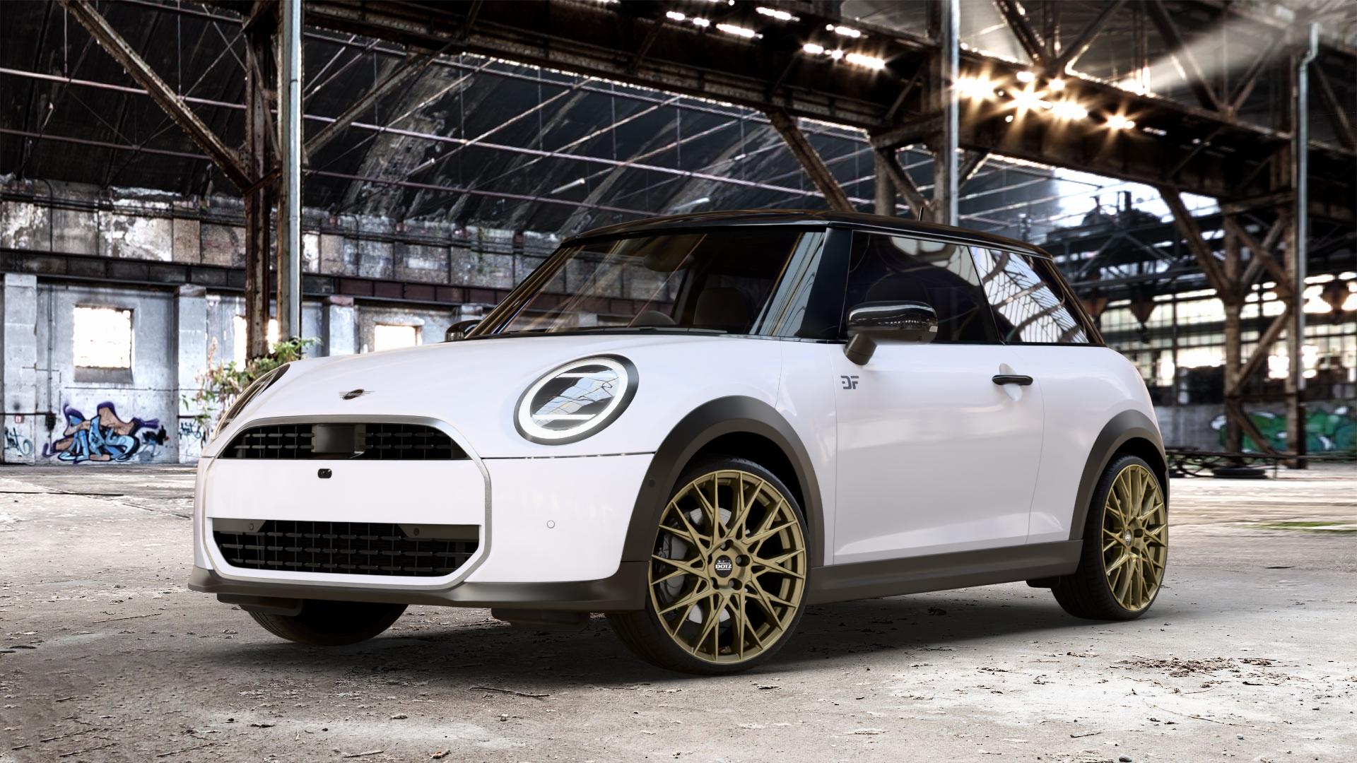 DOTZ FUJI GOLD Felge mit Reifen in 19Zoll Winterfelge Alufelge auf weissem Mini F66 Typ FM6 (3-Türer Limousine) 1,5l Cooper C 100kW (136 PS) 115kW (156 2,0l S 150kW (204 JCW 170kW (231 ⬇️ mit 15mm Tieferlegung ⬇️ Old Industrial Hall_max_4400mm_2024 Frontansicht_1