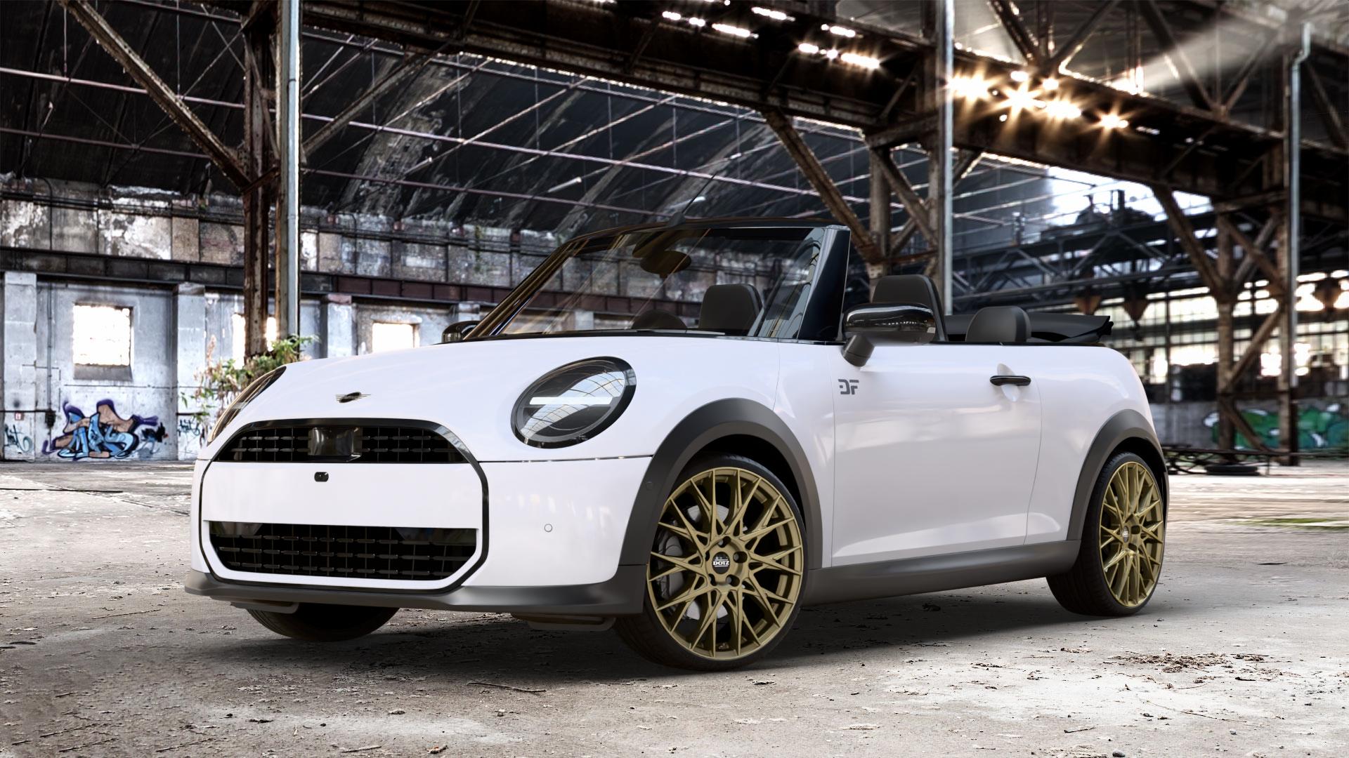 DOTZ FUJI GOLD Felge mit Reifen in 19Zoll Winterfelge Alufelge auf weissem Mini F67 Typ FM6 (Cabrio) 2,0l Cooper 120kW (163 PS) S 150kW (204 JCW 170kW (231 ⬇️ mit 15mm Tieferlegung ⬇️ Old Industrial Hall_max_4400mm_2024 Frontansicht_1