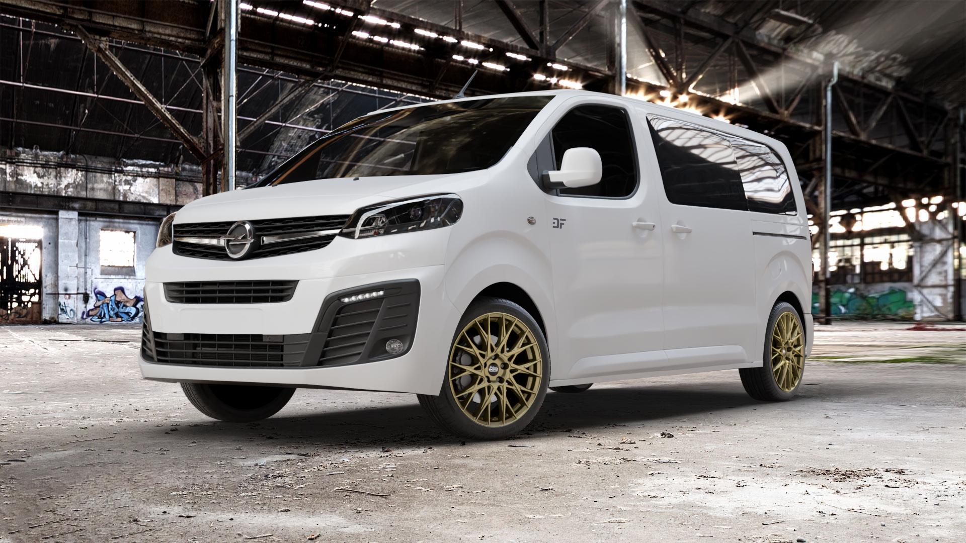 DOTZ FUJI GOLD Felge mit Reifen in 19Zoll Winterfelge Alufelge auf weissem Opel Zafira Life Typ V ⬇️ mit 15mm Tieferlegung ⬇️ Old Industrial Hall_max_5300mm_2024 Frontansicht_1