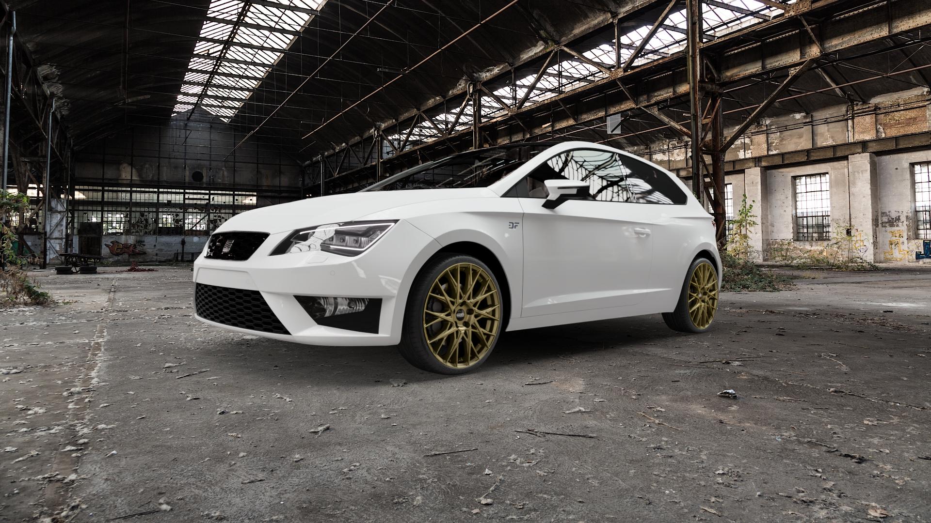 DOTZ FUJI GOLD Felge mit Reifen in 19Zoll Winterfelge Alufelge auf weissem Seat Leon Typ 5F SC Facelift ⬇️ mit 15mm Tieferlegung ⬇️ Old Industrial Hall_max5000mm_2022 Frontansicht_1