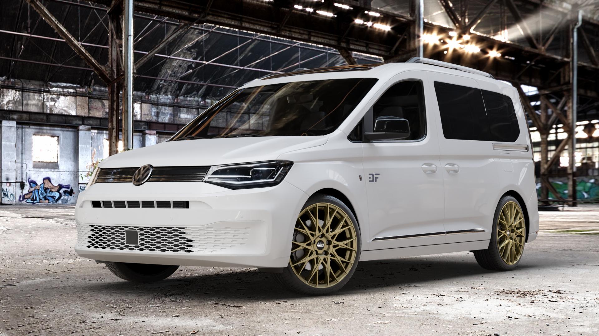 DOTZ FUJI GOLD Felge mit Reifen in 19Zoll Winterfelge Alufelge auf weissem Volkswagen (VW) Caddy 5 Typ SK SKN Transporter Wohnmobil ⬇️ mit 15mm Tieferlegung ⬇️ Old Industrial Hall_max_4400mm_2024 Frontansicht_1