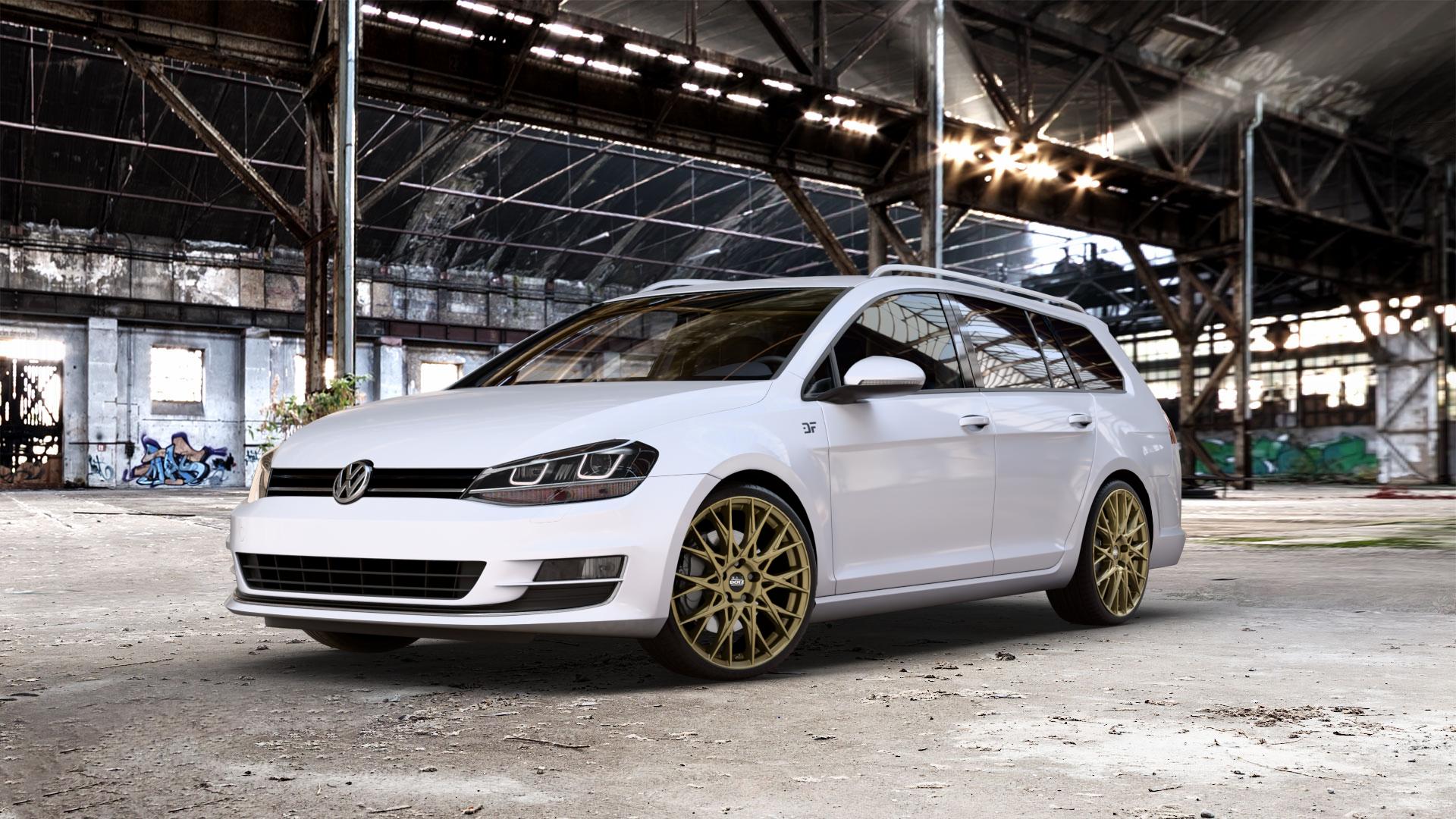 DOTZ FUJI GOLD Felge mit Reifen in 19Zoll Winterfelge Alufelge auf weissem Volkswagen (VW) Golf 7 Variant ⬇️ mit 15mm Tieferlegung ⬇️ Old Industrial Hall_max_5300mm_2024 Frontansicht_1