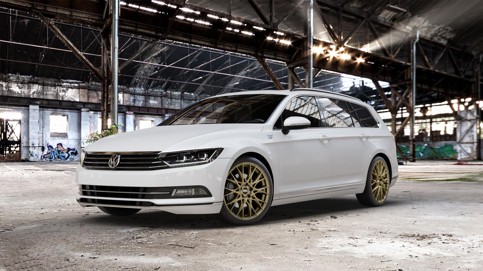 DOTZ FUJI GOLD Felge mit Reifen in 19Zoll Winterfelge Alufelge auf weissem Volkswagen (VW) Passat 3C/B8 Limousine Variant ⬇️ mit 15mm Tieferlegung ⬇️ Old Industrial Hall_max_5300mm_2024 Frontansicht_1