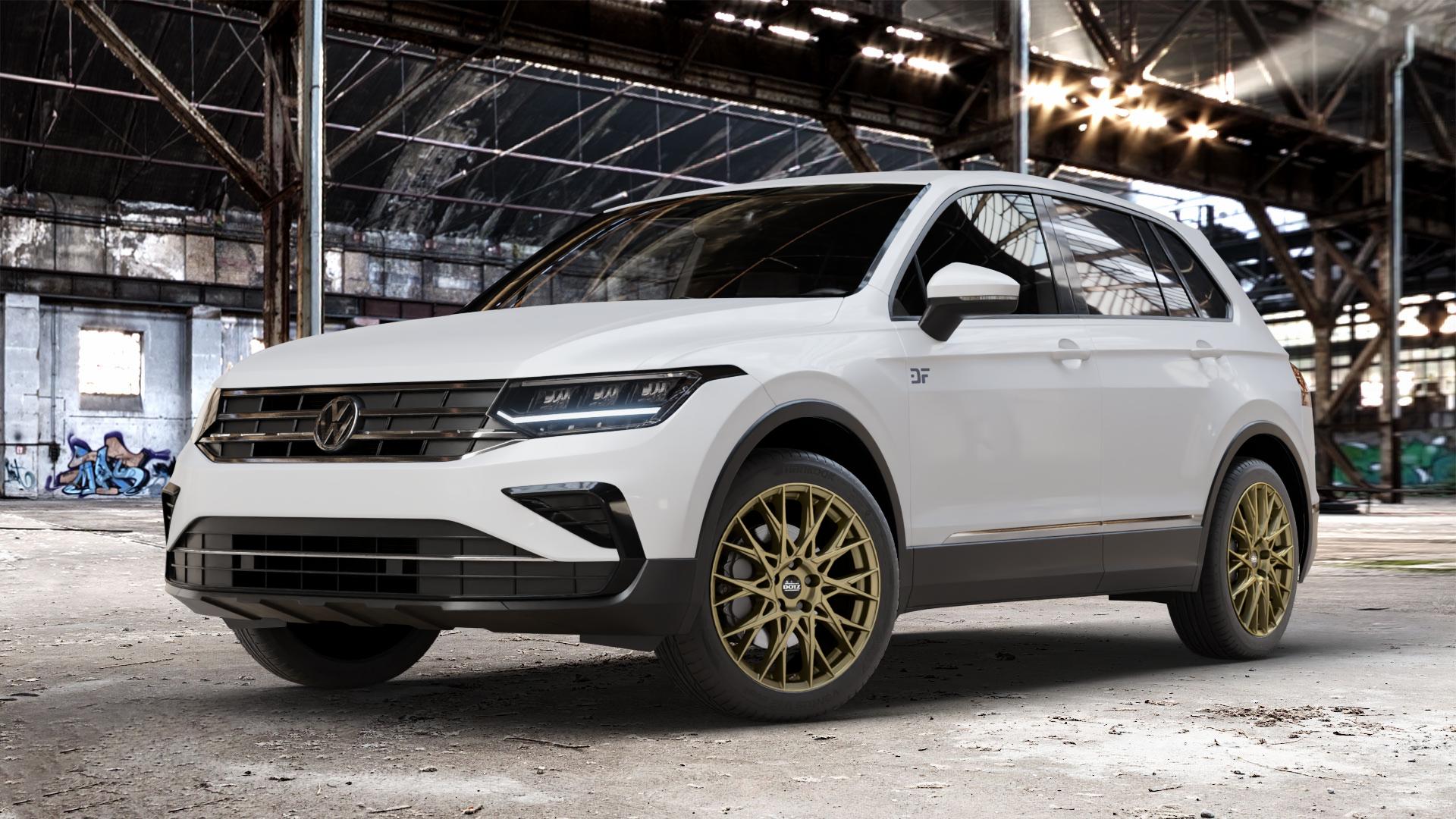 DOTZ FUJI GOLD Felge mit Reifen in 19Zoll Winterfelge Alufelge auf weissem Volkswagen (VW) Tiguan II Typ 5N Facelift ⬇️ mit 15mm Tieferlegung ⬇️ Old Industrial Hall_max_4400mm_2024 Frontansicht_1