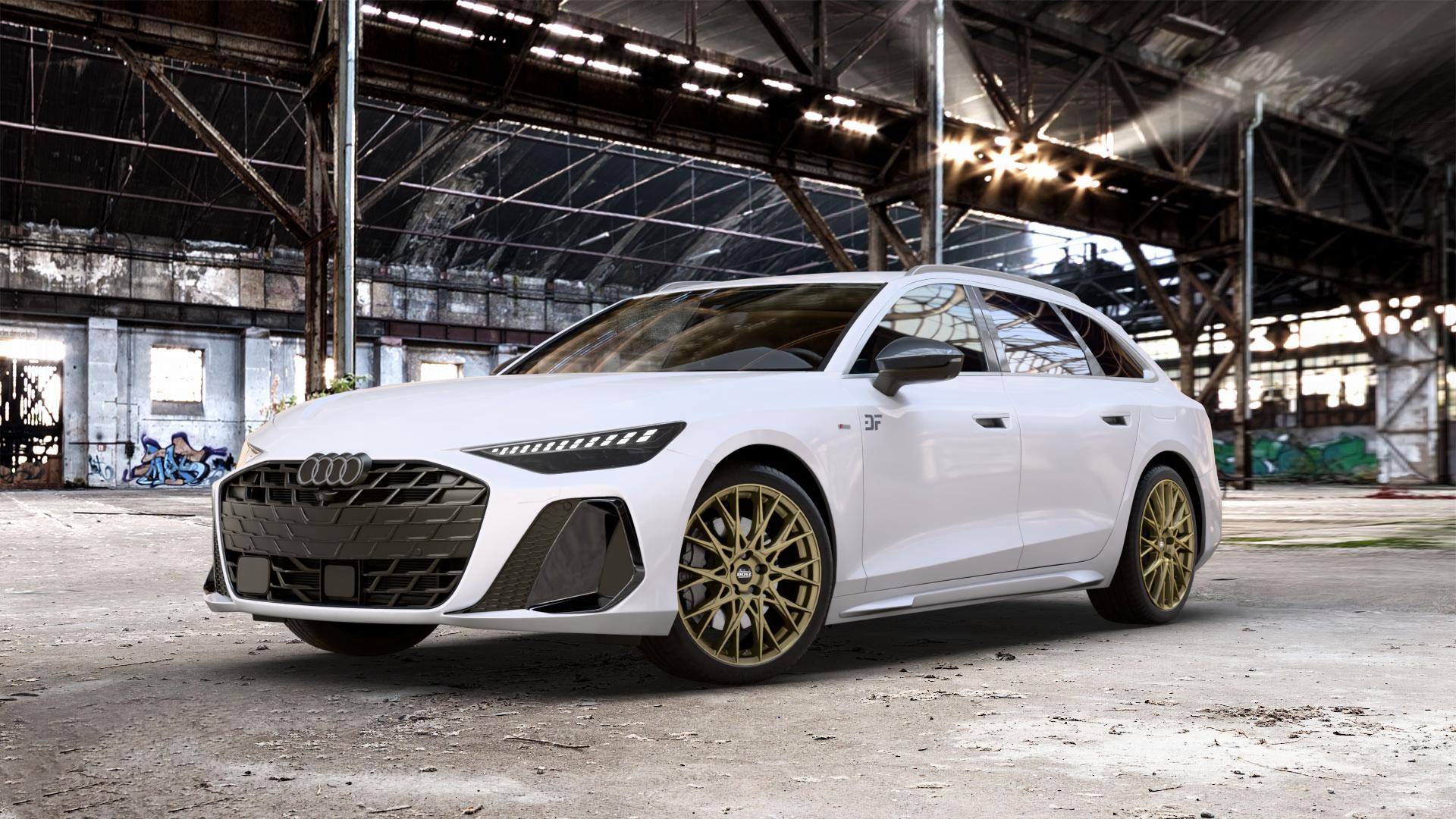 DOTZ FUJI GOLD Felge mit Reifen in 20Zoll Winterfelge Alufelge auf metallic schwarzem Audi A6 Typ F2/C9 (Avant) ⬇️ mit 15mm Tieferlegung ⬇️ Old Industrial Hall_max_5300mm_2024 Frontansicht_1