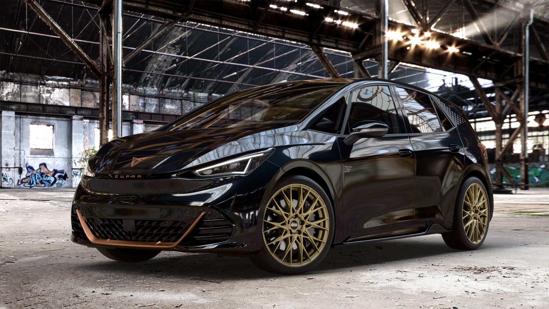 DOTZ FUJI GOLD Felge mit Reifen in 20Zoll Winterfelge Alufelge auf metallic schwarzem Cupra Born Typ K1 ⬇️ mit 15mm Tieferlegung ⬇️ Old Industrial Hall_max_4400mm_2024 Frontansicht_1