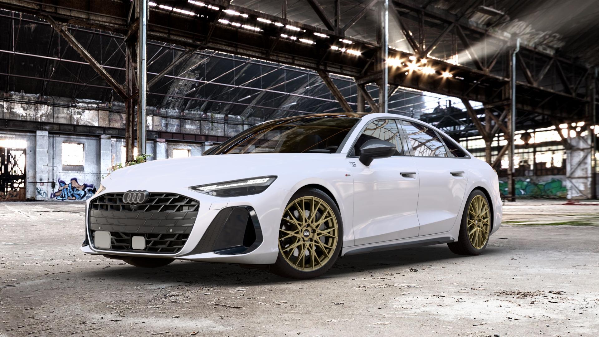 DOTZ FUJI GOLD Felge mit Reifen in 20Zoll Winterfelge Alufelge auf weissem Audi A6 Typ F2/C9 (Limousine) 2,0l TDI 150kW Mild-Hybrid (204 PS) 120kW (163 Quattro TFSI 195kW (265 TSI 3,0l 210kW (286 180kW (245 270kW (367 250kW (340 E 185kW ⬇️ mit 15mm Tieferlegung ⬇️ Old Industrial Hall_max_5300mm_2024 Frontansicht_1