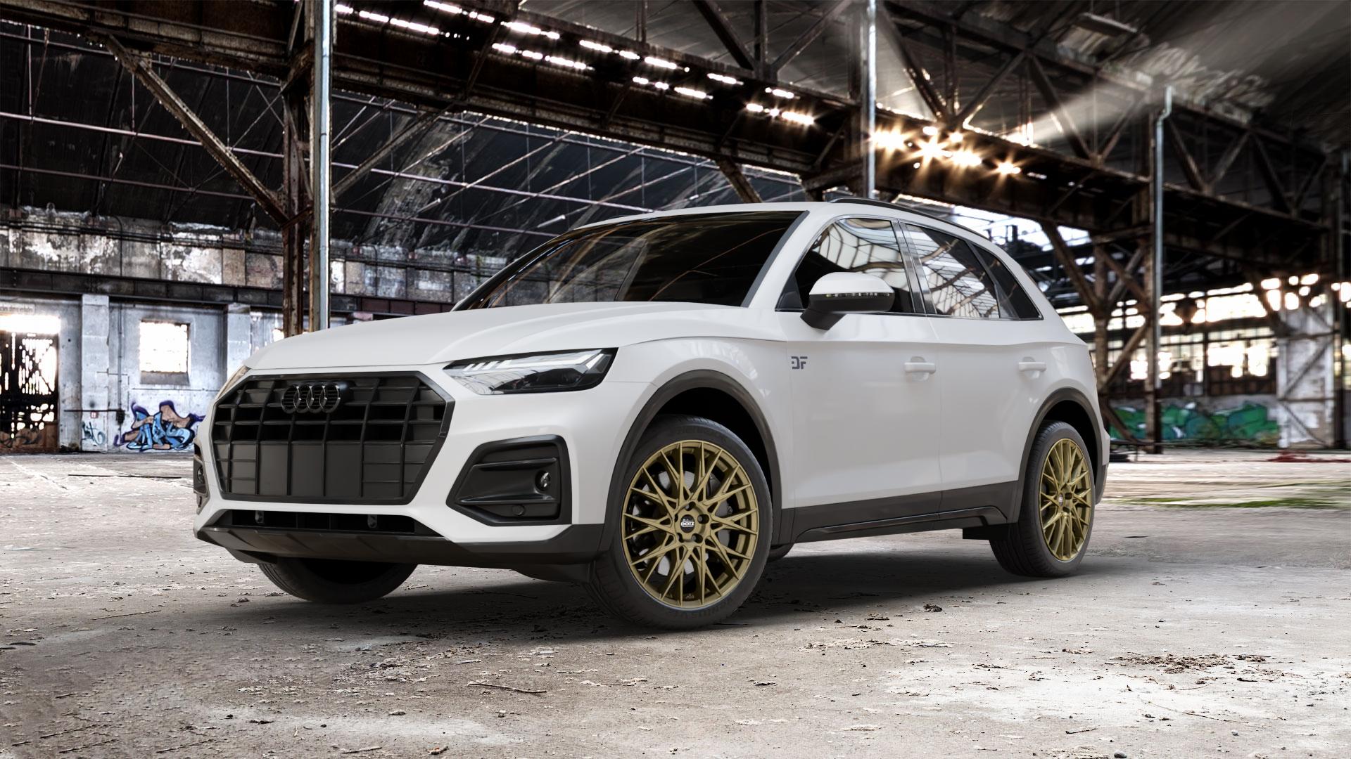 DOTZ FUJI GOLD Felge mit Reifen in 20Zoll Winterfelge Alufelge auf weissem Audi Q5 II Typ FY Facelift ⬇️ mit 15mm Tieferlegung ⬇️ Old Industrial Hall_max_5300mm_2024 Frontansicht_1