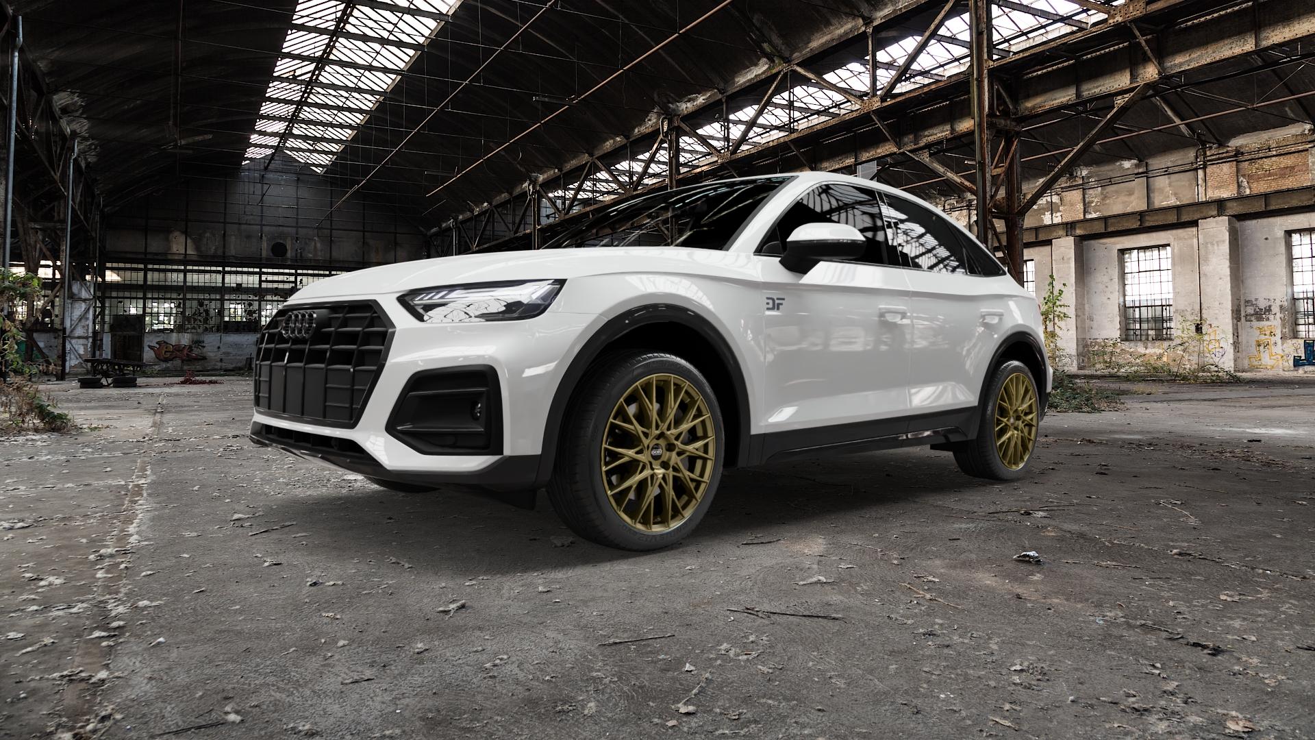 DOTZ FUJI GOLD Felge mit Reifen in 20Zoll Winterfelge Alufelge auf weissem Audi Q5 II Typ FY Sportback ⬇️ mit 15mm Tieferlegung ⬇️ Old Industrial Hall_max5000mm_2022 Frontansicht_1