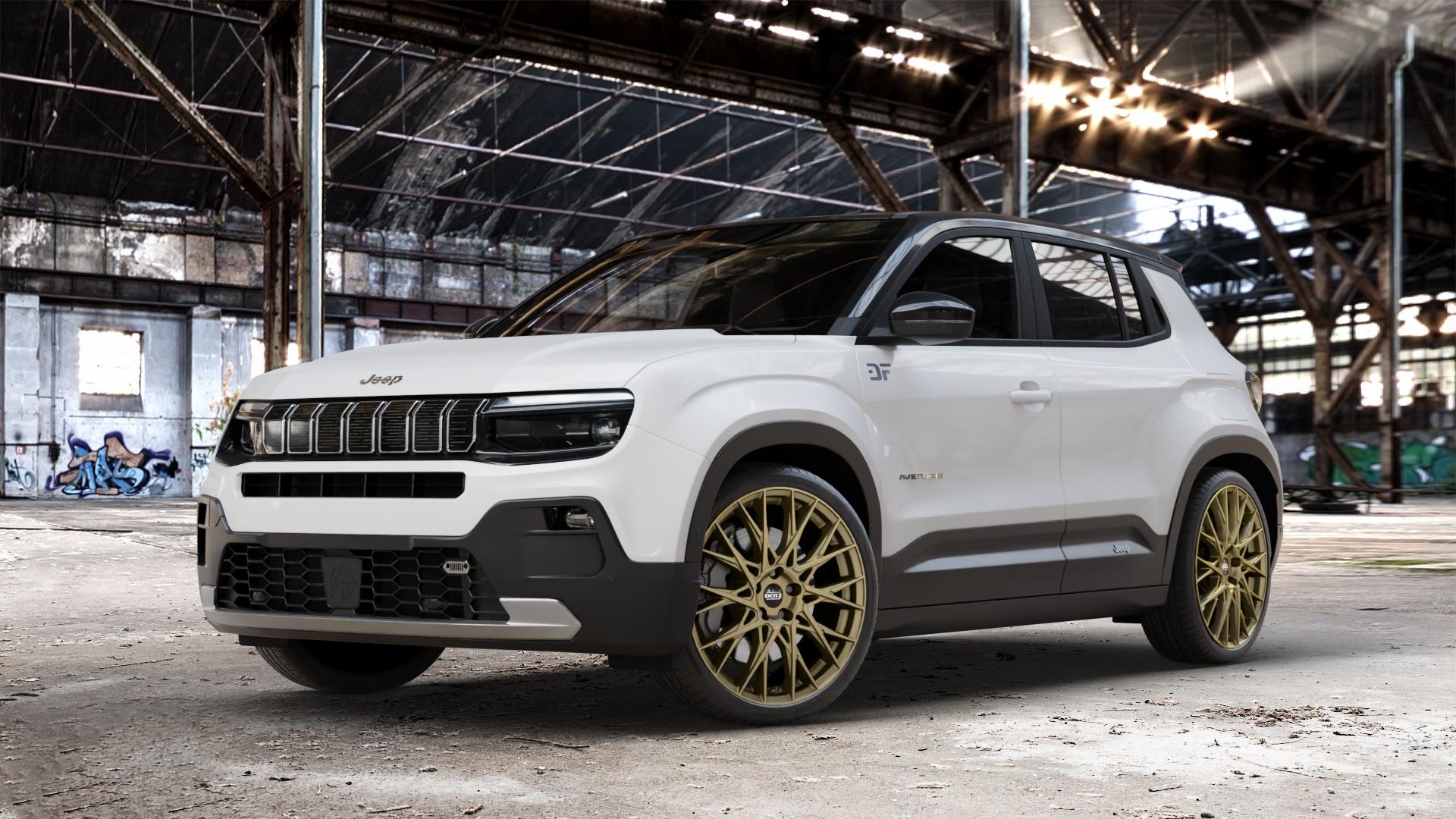 DOTZ FUJI GOLD Felge mit Reifen in 20Zoll Winterfelge Alufelge auf weissem Jeep Avenger Typ FH1 ⬇️ mit 15mm Tieferlegung ⬇️ Old Industrial Hall_max_4400mm_2024 Frontansicht_1
