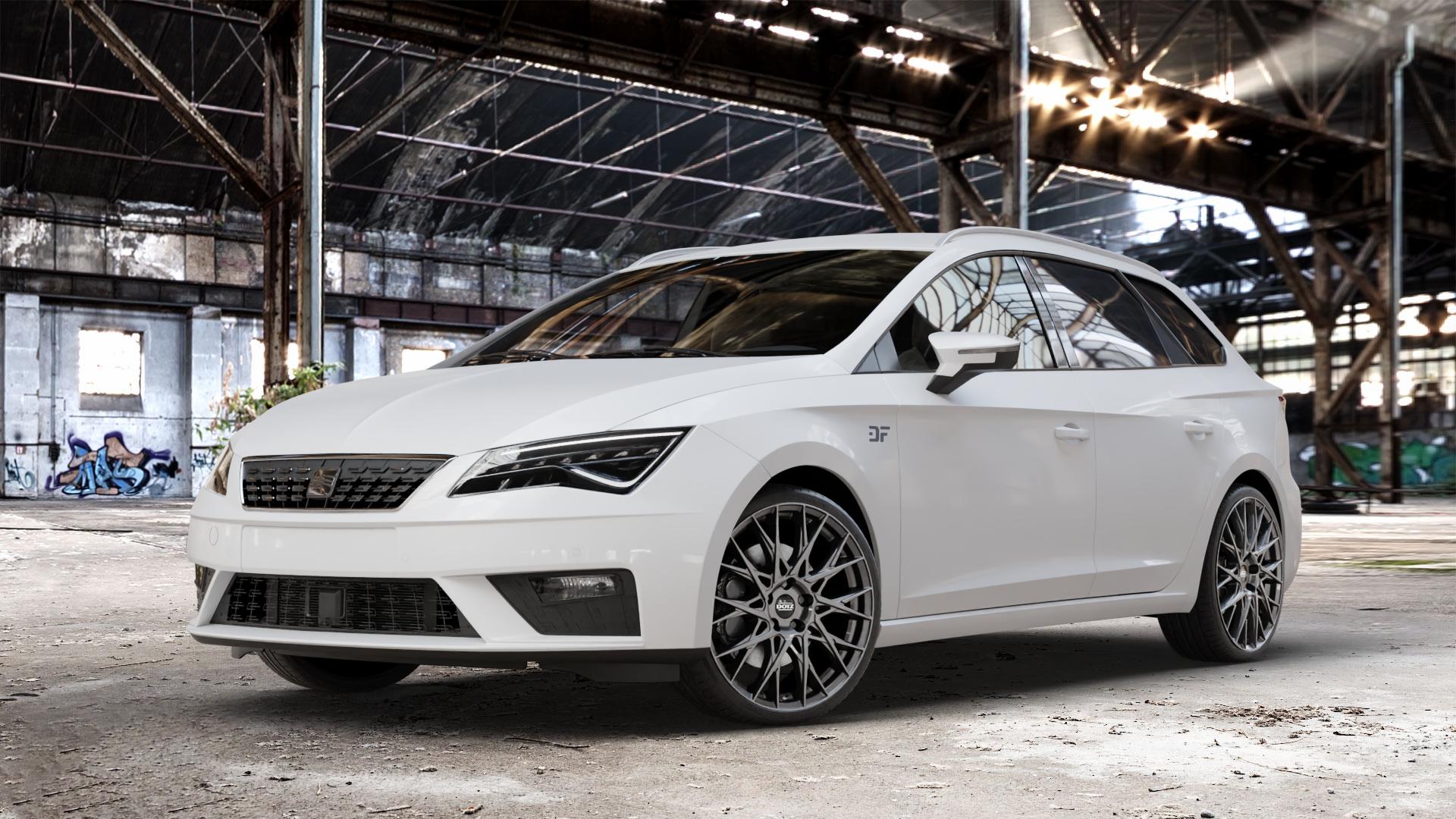 DOTZ FUJI GUNMETAL Felge mit Reifen grau in 19Zoll Winterfelge Alufelge auf weissem Seat Leon Typ 5F ST Facelift ⬇️ mit 15mm Tieferlegung ⬇️ Old Industrial Hall_max_4400mm_2024 Frontansicht_1