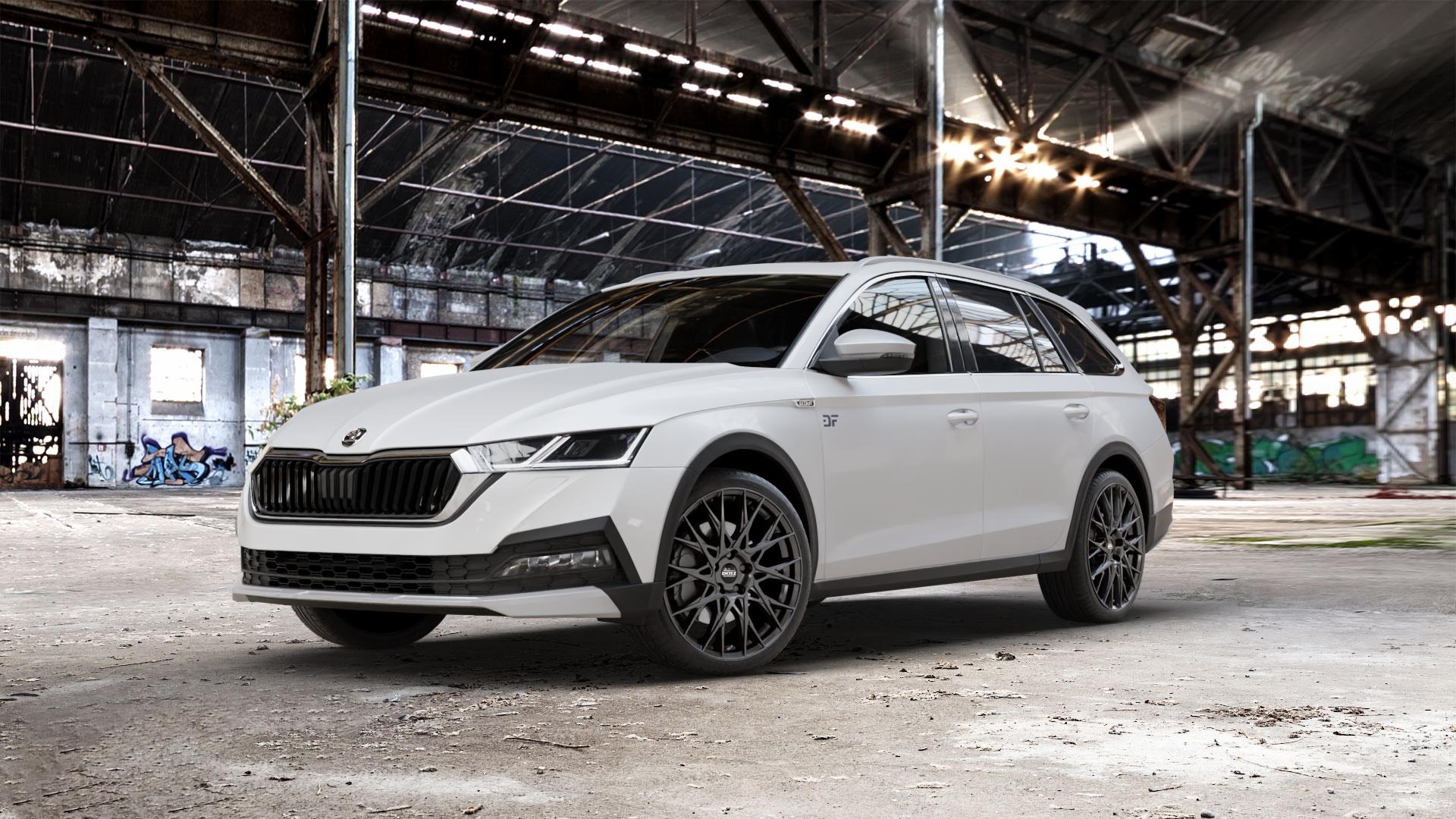 DOTZ FUJI GUNMETAL Felge mit Reifen grau in 19Zoll Winterfelge Alufelge auf weissem Skoda Octavia IV Scout Typ NX ⬇️ mit 15mm Tieferlegung ⬇️ Old Industrial Hall_max_5300mm_2024 Frontansicht_1