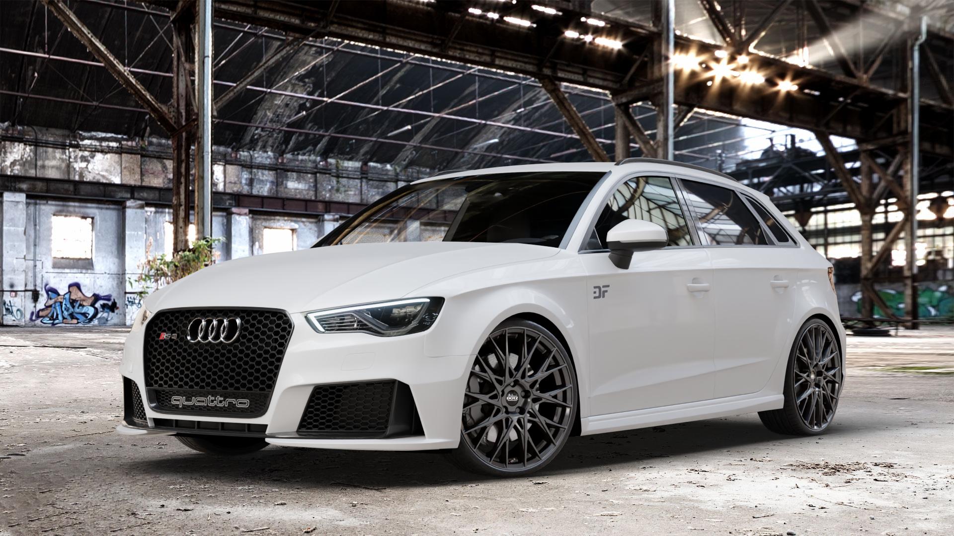 DOTZ FUJI GUNMETAL Felge mit Reifen grau in 20Zoll Winterfelge Alufelge auf weissem Audi A3 Typ 8V (Sportback) 2,5l TFSI quattro 270kW RS3 (367 PS) Facelift 294kW (400 ⬇️ mit 15mm Tieferlegung ⬇️ Old Industrial Hall_max_4400mm_2024 Frontansicht_1