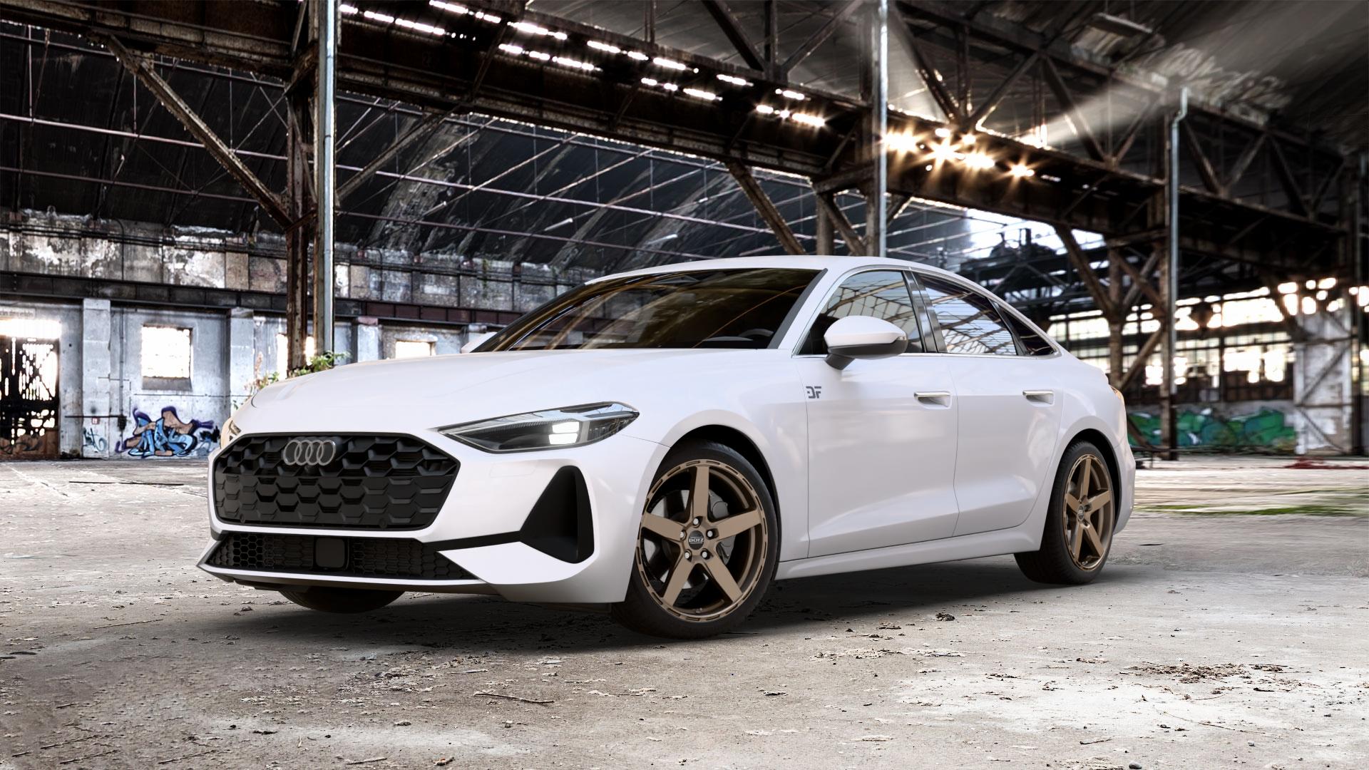DOTZ MARINABAY BRONZE MATT Felge mit Reifen in 19Zoll Winterfelge Alufelge auf weissem Audi A5 Typ B10 (Limousine) 2,0l TDI 150kW Mild-Hybrid (204 PS) quattro TSI 110kW (150 3,0l S5 270kW (367 ⬇️ mit 15mm Tieferlegung ⬇️ Old Industrial Hall_max_5300mm_2024 Frontansicht_1