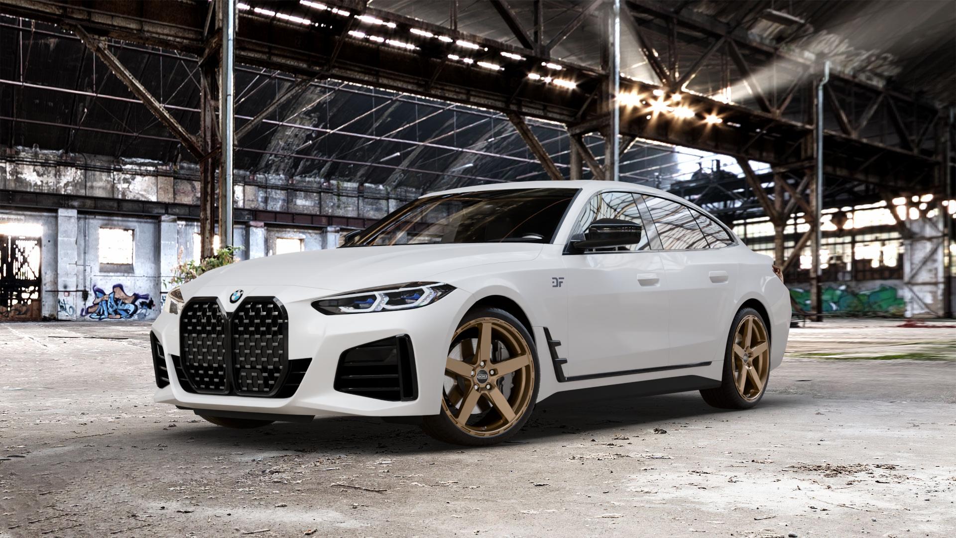 DOTZ MARINABAY BRONZE MATT Felge mit Reifen in 20Zoll Winterfelge Alufelge auf weissem BMW 4er G26 Gran Coupe (G4C) ⬇️ mit 15mm Tieferlegung ⬇️ Old Industrial Hall_max_5300mm_2024 Frontansicht_1