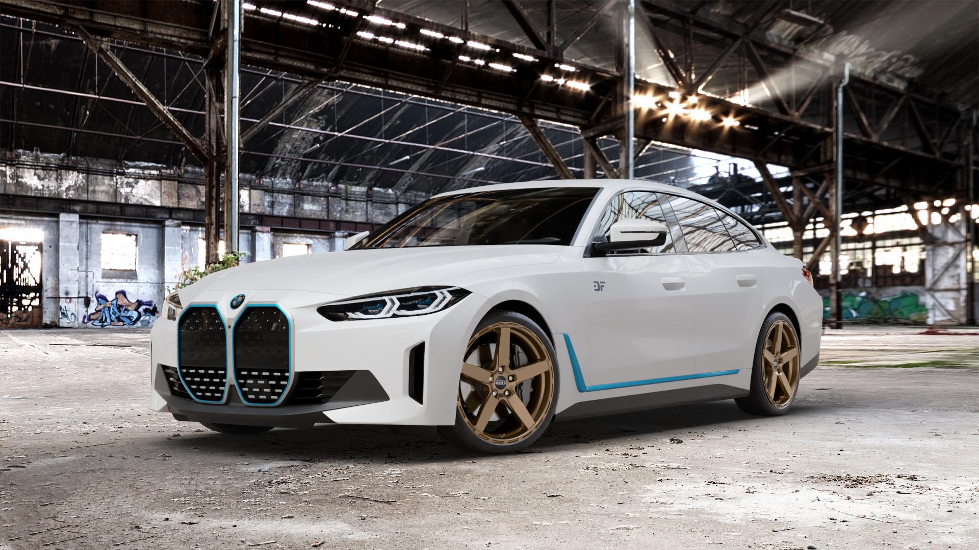 DOTZ MARINABAY BRONZE MATT Felge mit Reifen in 20Zoll Winterfelge Alufelge auf weissem BMW i4 (G4C) ⬇️ mit 15mm Tieferlegung ⬇️ Old Industrial Hall_max_5300mm_2024 Frontansicht_1