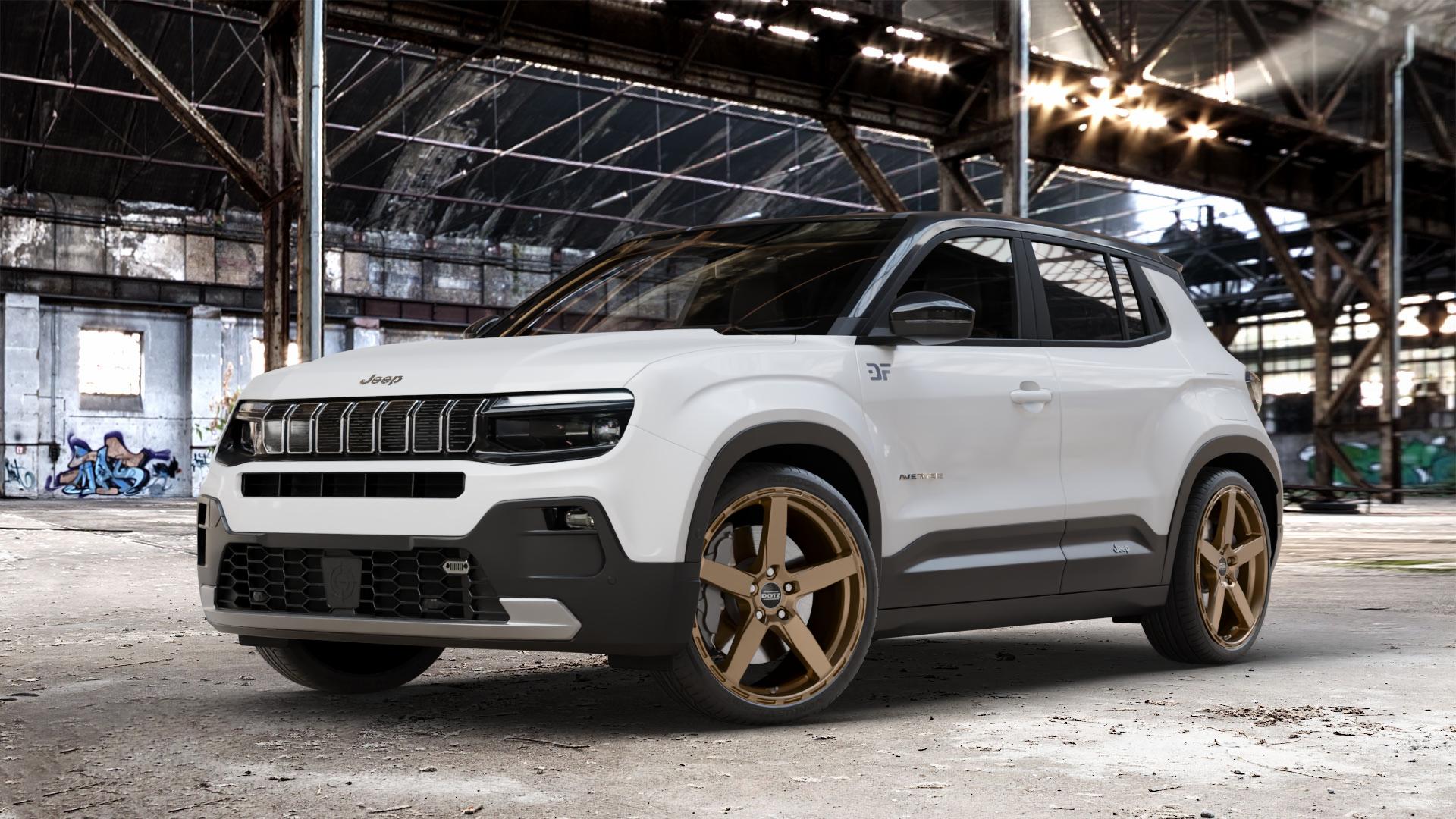DOTZ MARINABAY BRONZE MATT Felge mit Reifen in 20Zoll Winterfelge Alufelge auf weissem Jeep Avenger Typ FH1 ⬇️ mit 15mm Tieferlegung ⬇️ Old Industrial Hall_max_4400mm_2024 Frontansicht_1