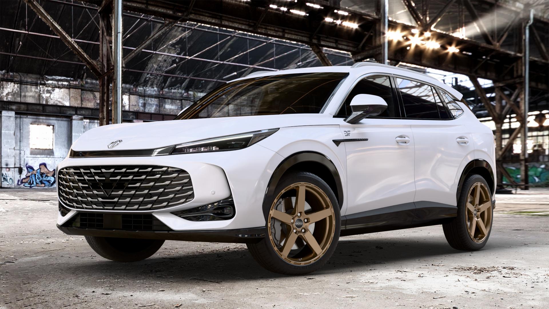 DOTZ MARINABAY BRONZE MATT Felge mit Reifen in 20Zoll Winterfelge Alufelge auf weissem MG HS Typ AS3A 1,5l T 125kW (170 PS) PHEV 105kW (143 ⬇️ mit 15mm Tieferlegung ⬇️ Old Industrial Hall_max_4400mm_2024 Frontansicht_1