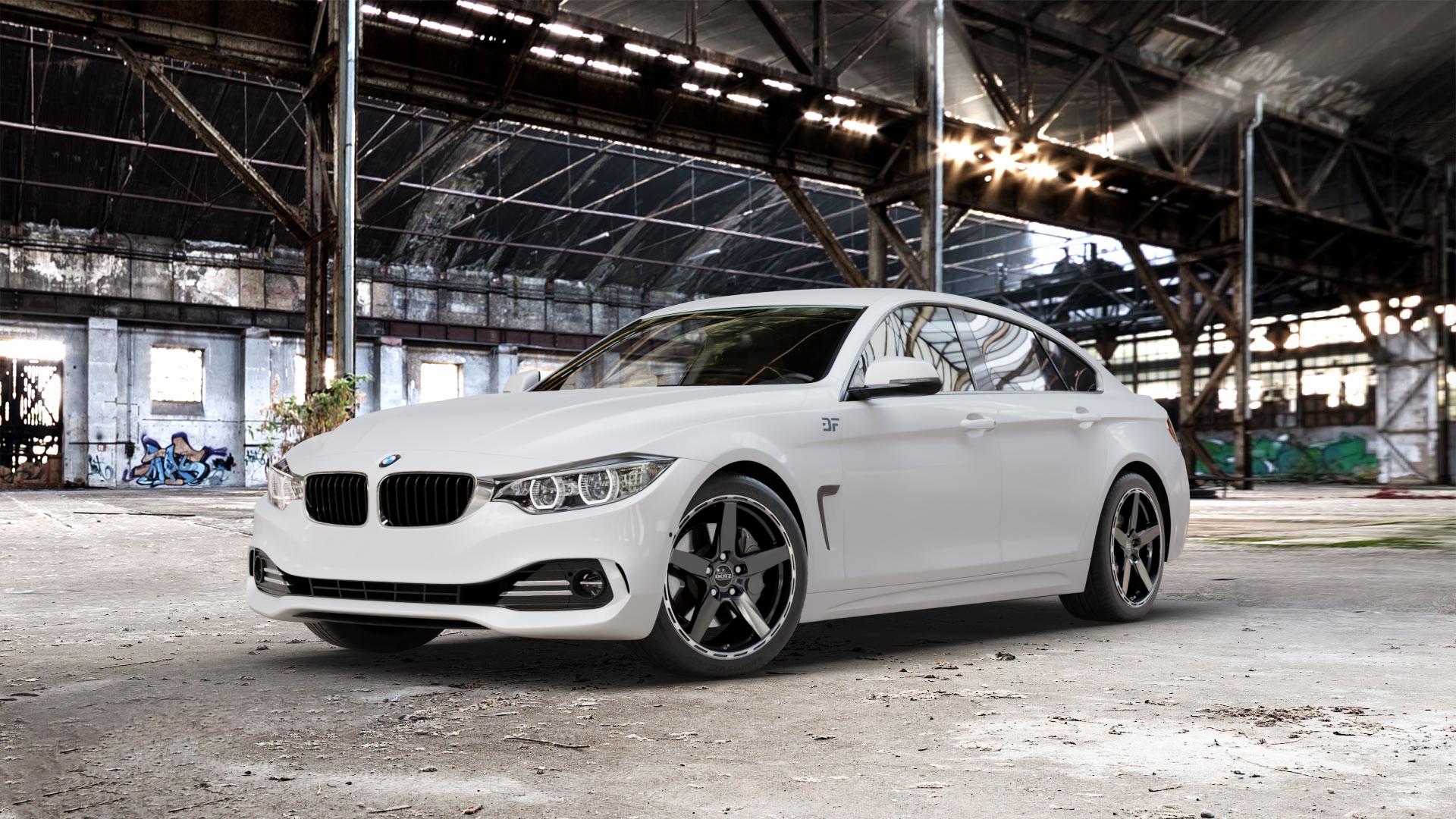 DOTZ MARINABAY GUNMETAL/POLISHED LIP Felge mit Reifen grau anthrazit in 18Zoll Winterfelge Alufelge auf weissem BMW 418d Typ F36 (Gran Coupe) 420d xDrive 420i 428i 435i 430d 440i 418i 430i 425d 4er Gran Coupe (3C) ⬇️ mit 15mm Tieferlegung ⬇️ Old Industrial Hall_max_5300mm_2024 Frontansicht_1
