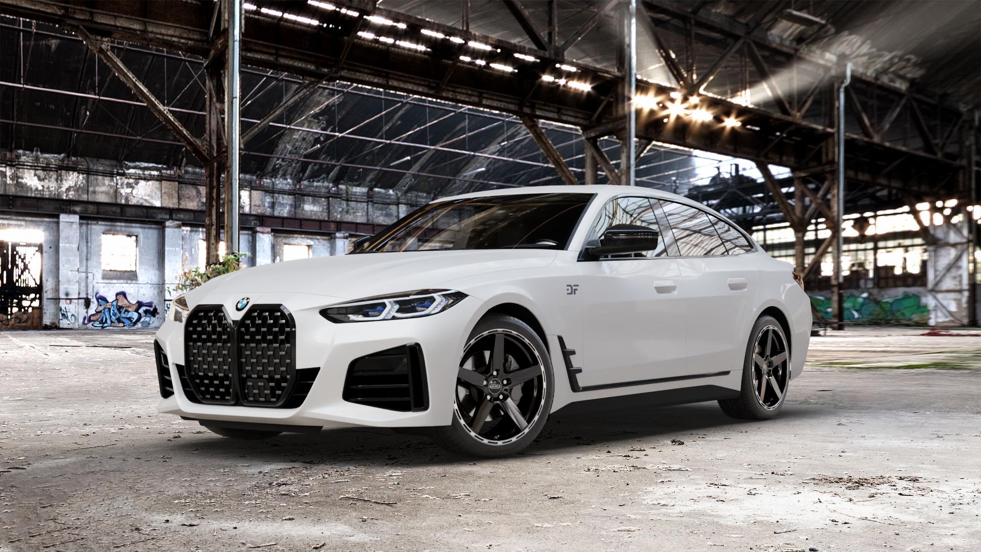 DOTZ MARINABAY GUNMETAL/POLISHED LIP Felge mit Reifen grau anthrazit in 19Zoll Winterfelge Alufelge auf weissem BMW 4er G26 Gran Coupe (G4C) ⬇️ mit 15mm Tieferlegung ⬇️ Old Industrial Hall_max_5300mm_2024 Frontansicht_1