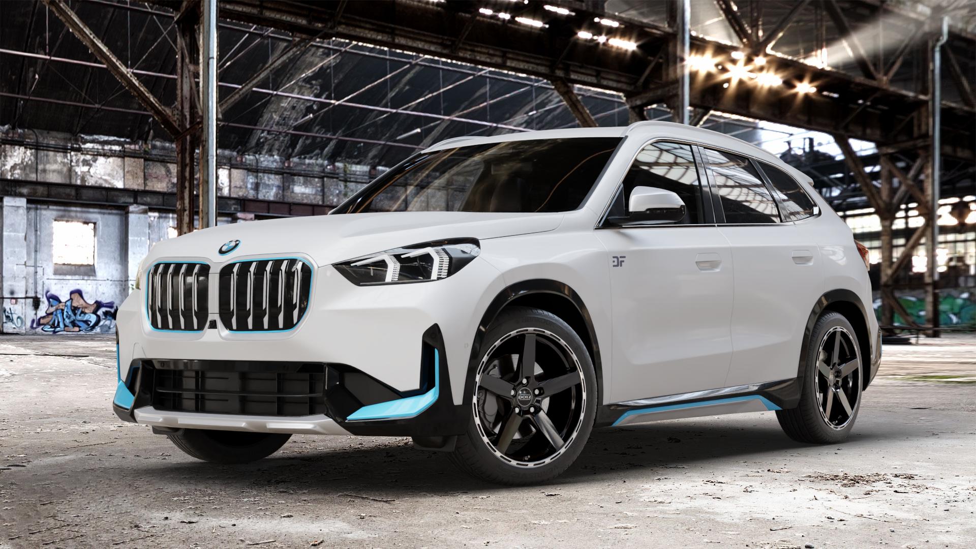 DOTZ MARINABAY GUNMETAL/POLISHED LIP Felge mit Reifen grau anthrazit in 19Zoll Winterfelge Alufelge auf weissem BMW iX1 (U1X) ⬇️ mit 15mm Tieferlegung ⬇️ Old Industrial Hall_max_4400mm_2024 Frontansicht_1