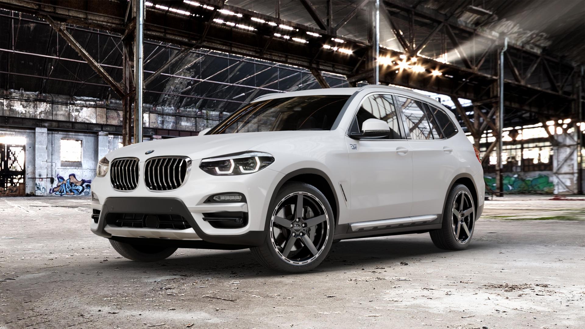 DOTZ MARINABAY GUNMETAL/POLISHED LIP Felge mit Reifen grau anthrazit in 20Zoll Winterfelge Alufelge auf weissem BMW X3 Typ G01 (G3X) ⬇️ mit 15mm Tieferlegung ⬇️ Old Industrial Hall_max_5300mm_2024 Frontansicht_1