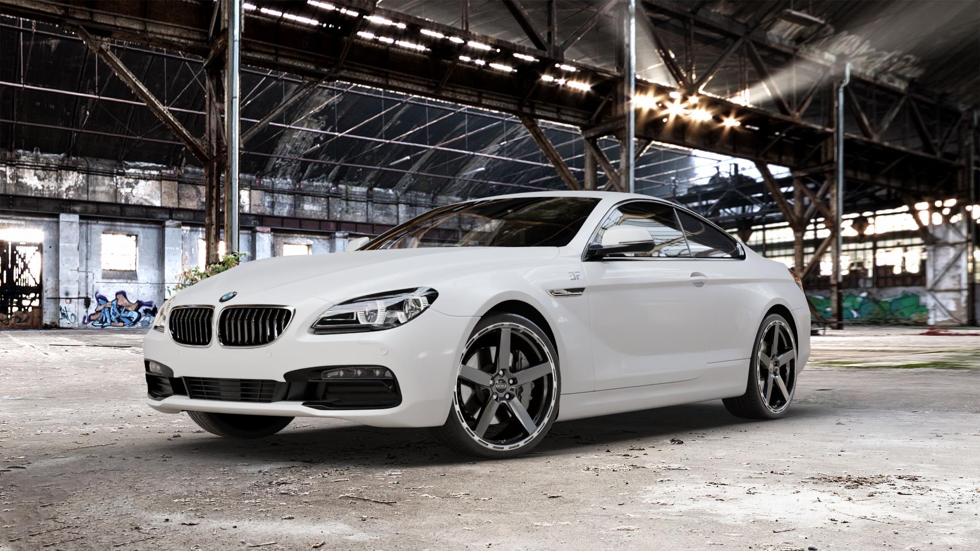 DOTZ MARINABAY GUNMETAL/POLISHED LIP Felge mit Reifen grau anthrazit in 21Zoll Winterfelge Alufelge auf weissem BMW 640i Typ F13 (Coupe) 650i 640d xDrive ⬇️ mit 15mm Tieferlegung ⬇️ Old Industrial Hall_max_5300mm_2024 Frontansicht_1
