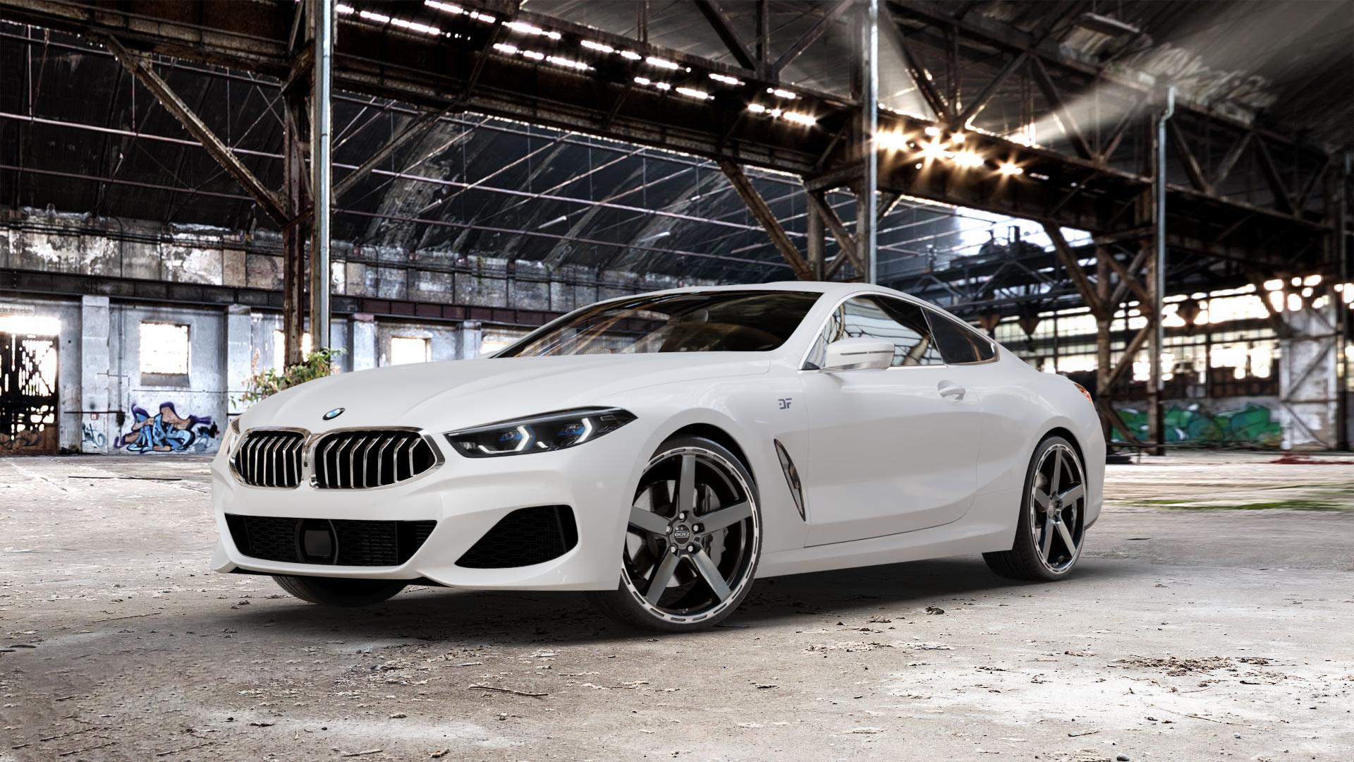 DOTZ MARINABAY GUNMETAL/POLISHED LIP Felge mit Reifen grau anthrazit in 21Zoll Winterfelge Alufelge auf weissem BMW 840d xDrive Typ G15 M850i 840i M8 F8CM (Coupe) 8er Coupé (G8C) ⬇️ mit 15mm Tieferlegung ⬇️ Old Industrial Hall_max_5300mm_2024 Frontansicht_1