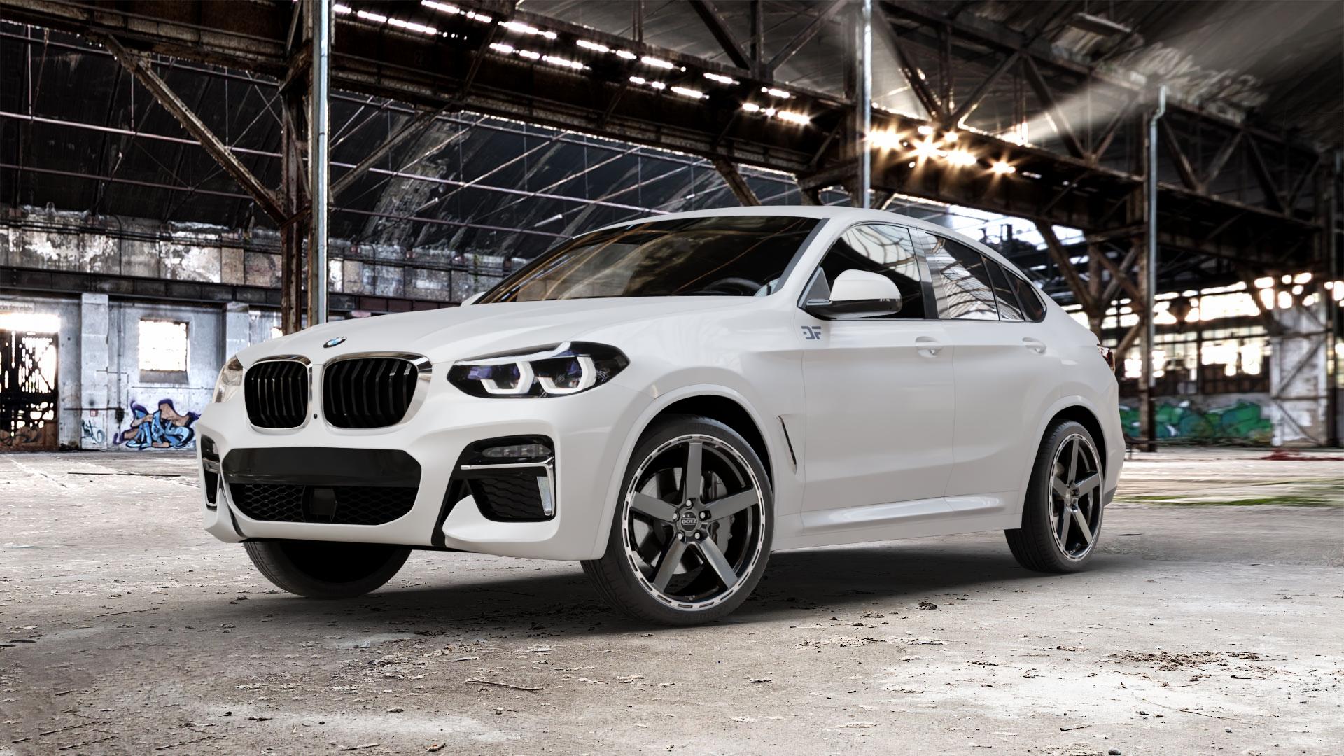 DOTZ MARINABAY GUNMETAL/POLISHED LIP Felge mit Reifen grau anthrazit in 21Zoll Winterfelge Alufelge auf weissem BMW X4 Typ G02 (G4X) ⬇️ mit 15mm Tieferlegung ⬇️ Old Industrial Hall_max_5300mm_2024 Frontansicht_1